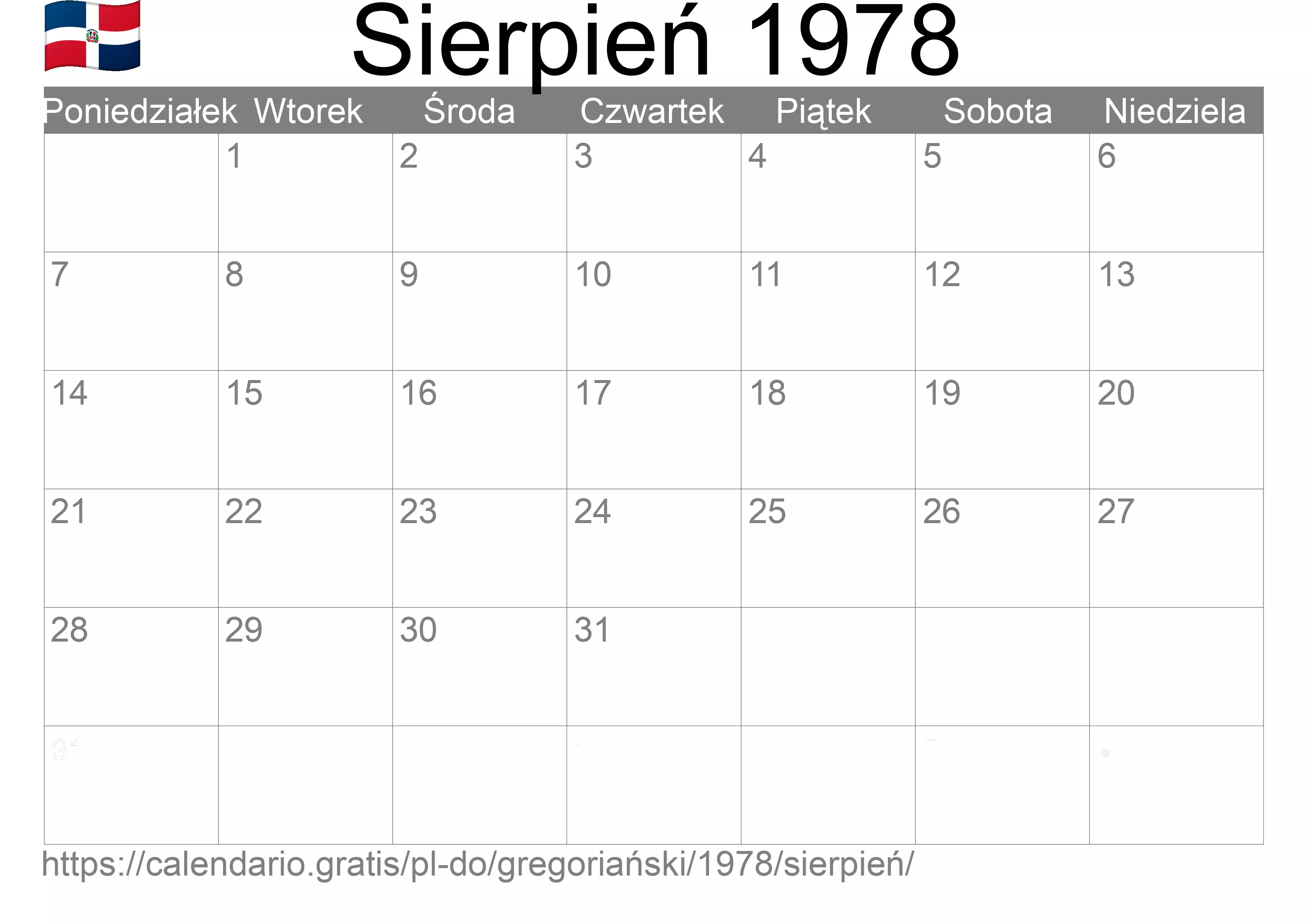 Kalendarz na Sierpień 1978 do druku (Dominikana)