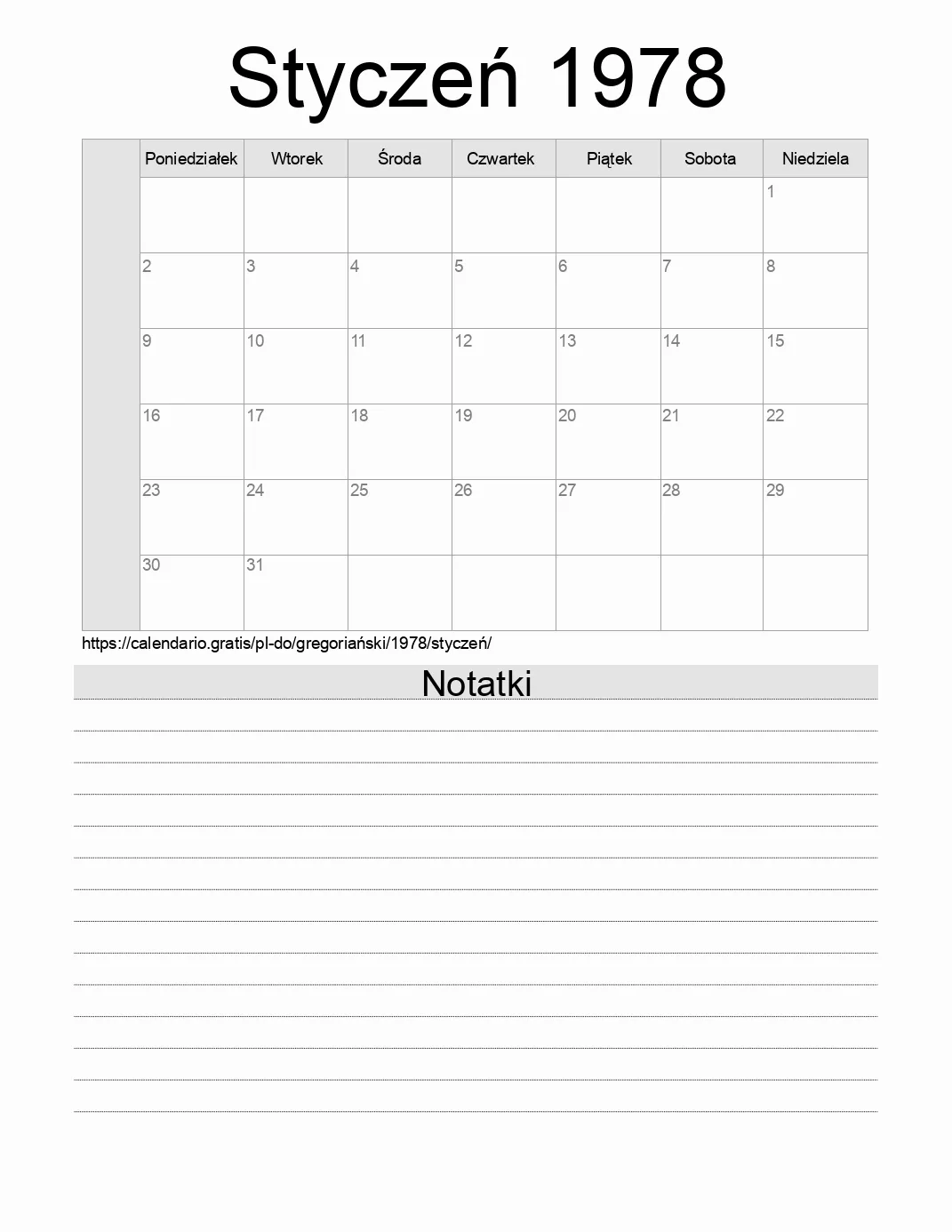 Kalendarz na Styczeń 1978 do druku z notatkami. (Dominikana) Kalendarz na Styczeń 1978 do druku z notatkami. (Dominikana)