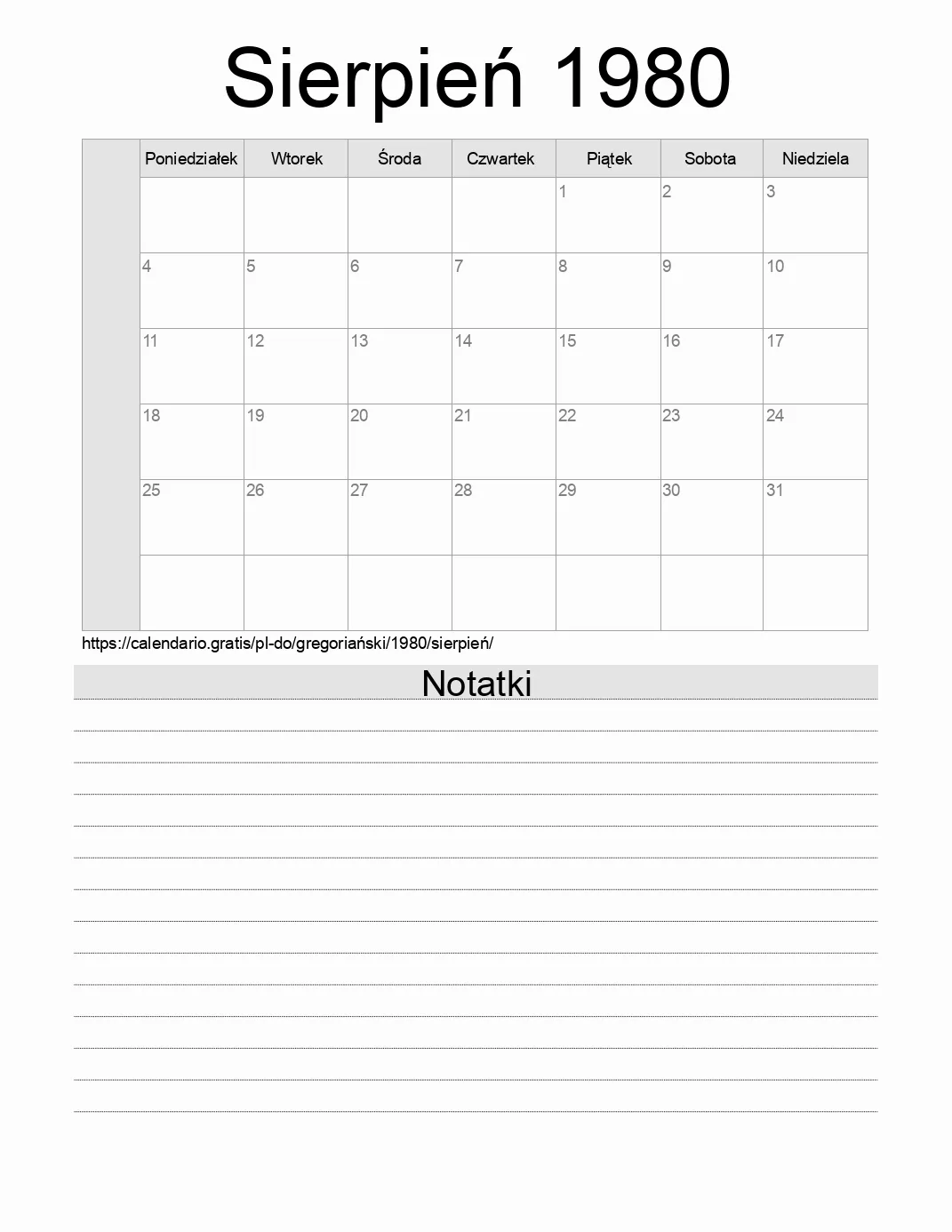 Kalendarz na Sierpień 1980 do druku z notatkami. (Dominikana) Kalendarz na Sierpień 1980 do druku z notatkami. (Dominikana)