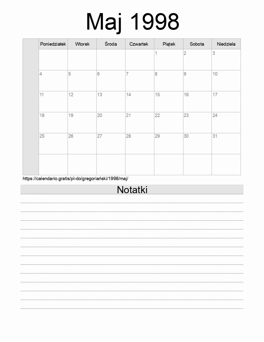 Kalendarz na Maj 1998 do druku z notatkami. (Dominikana) Kalendarz na Maj 1998 do druku z notatkami. (Dominikana)