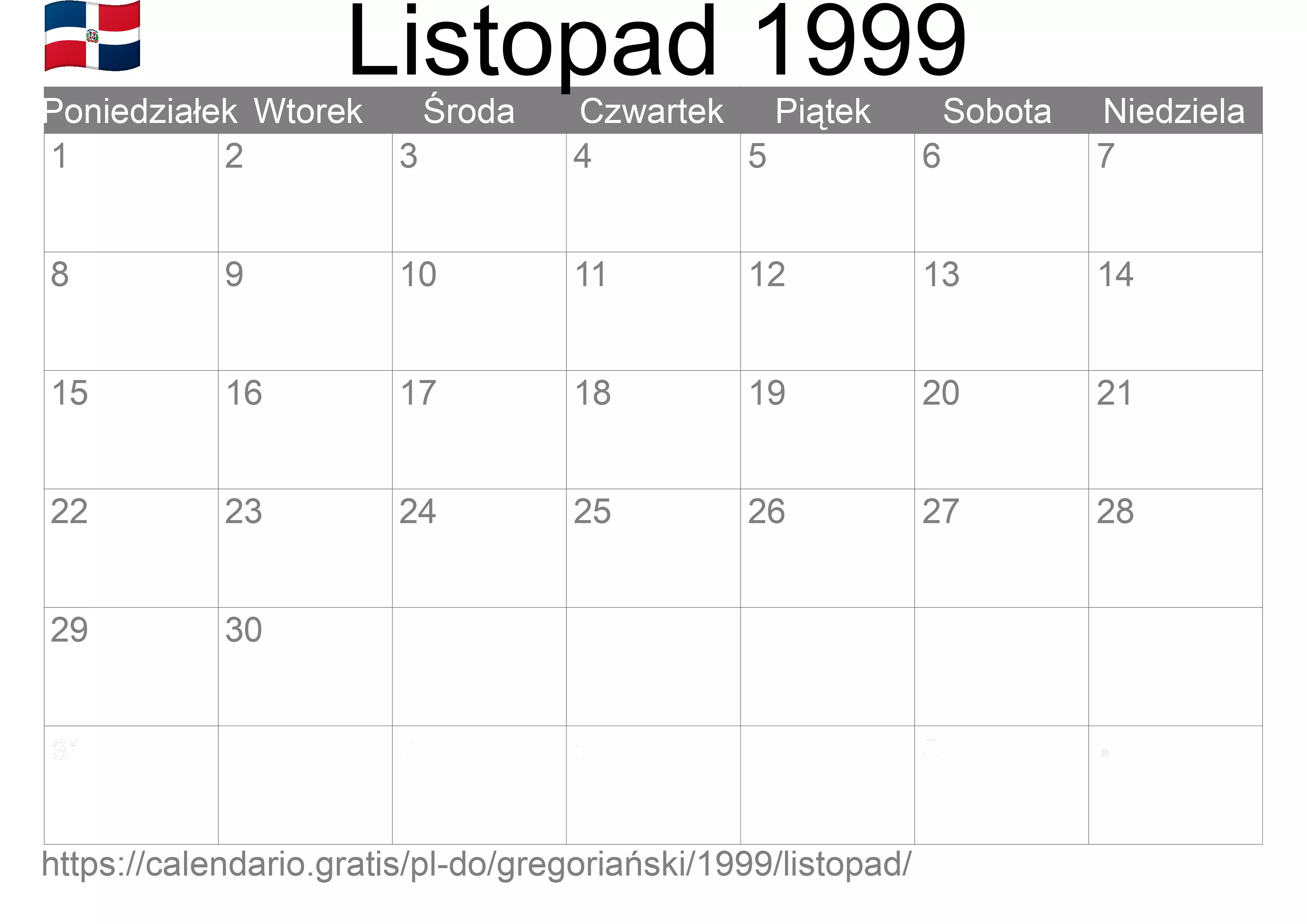 Kalendarz na Listopad 1999 do druku (Dominikana)