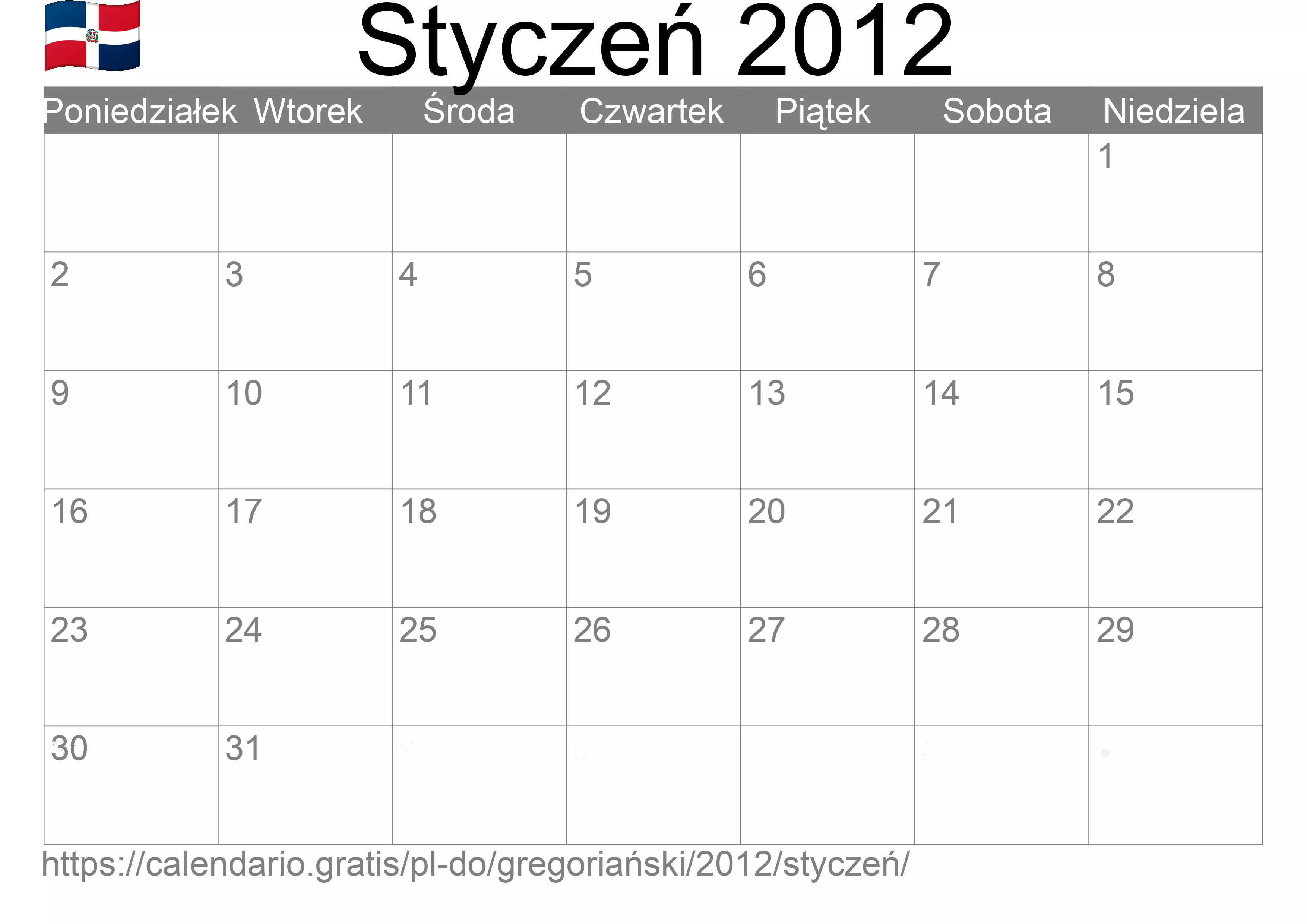 Kalendarz na Styczeń 2012 do druku (Dominikana) Kalendarz na Styczeń 2012 do druku (Dominikana)