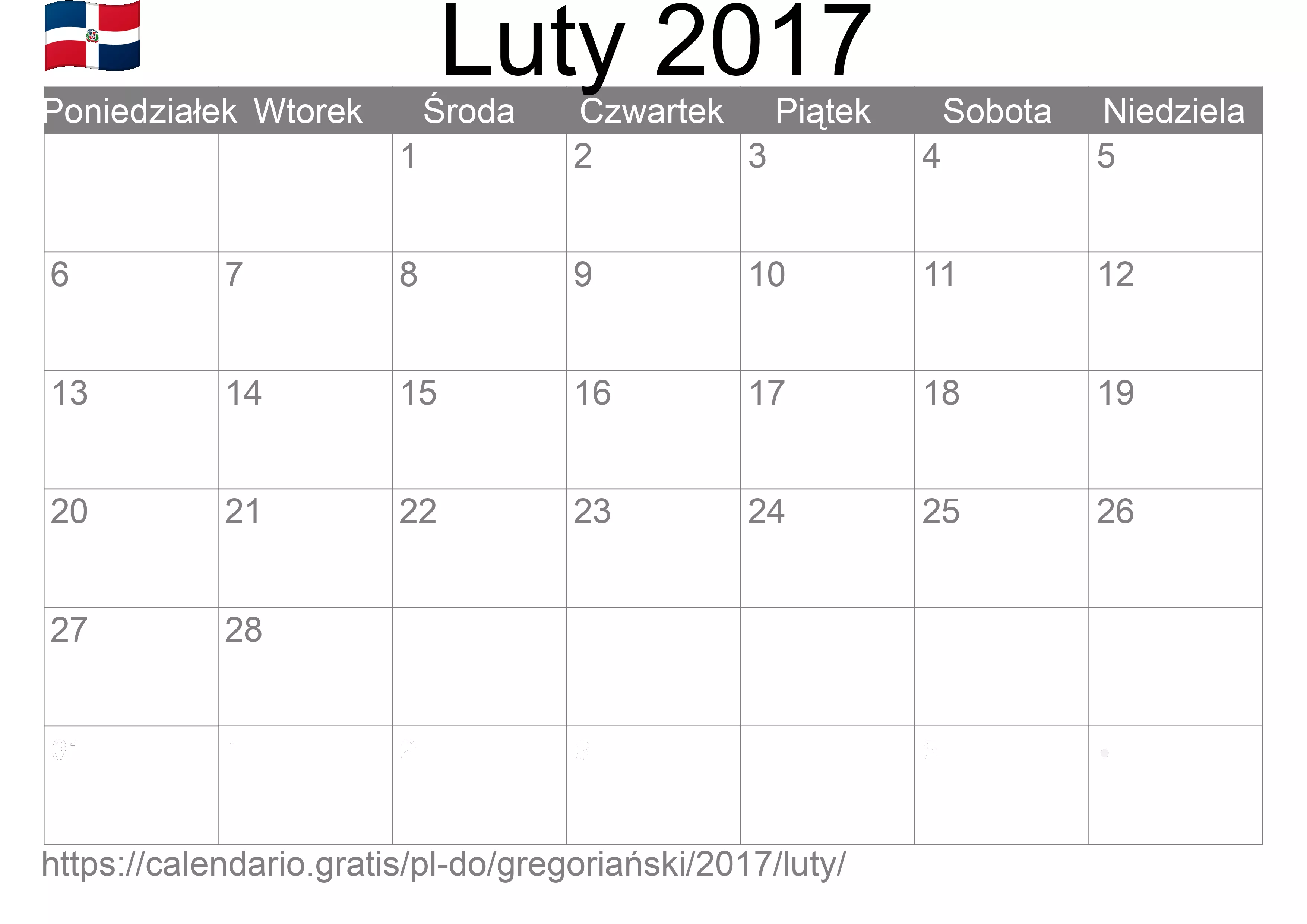 Kalendarz na Luty 2017 do druku (Dominikana)