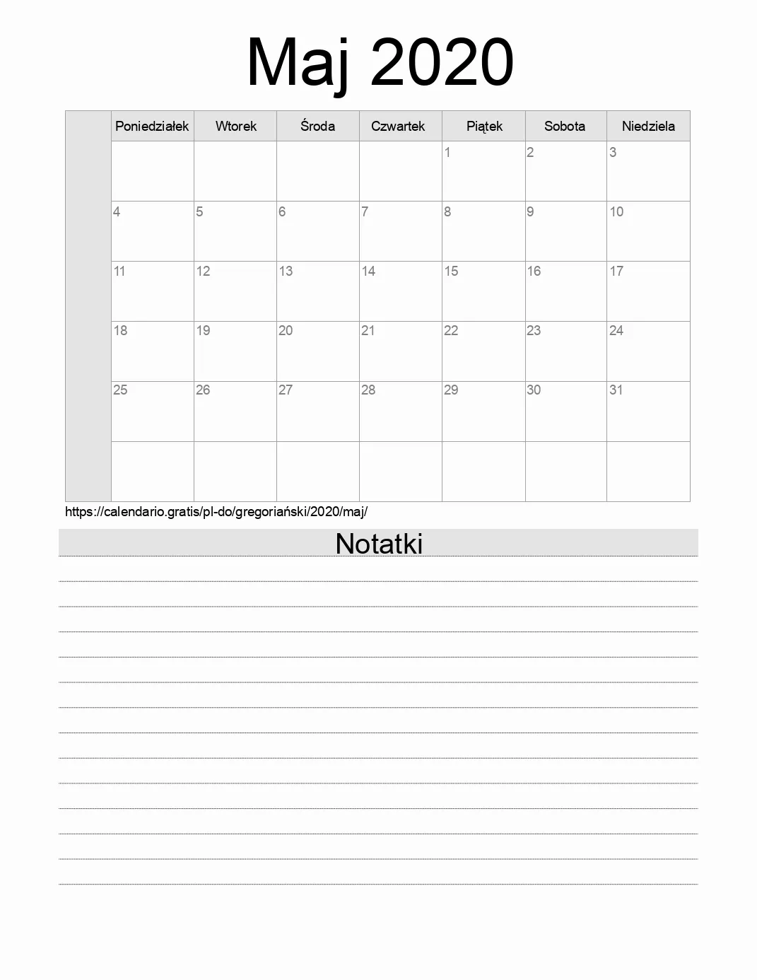 Kalendarz na Maj 2020 do druku z notatkami. (Dominikana) Kalendarz na Maj 2020 do druku z notatkami. (Dominikana)