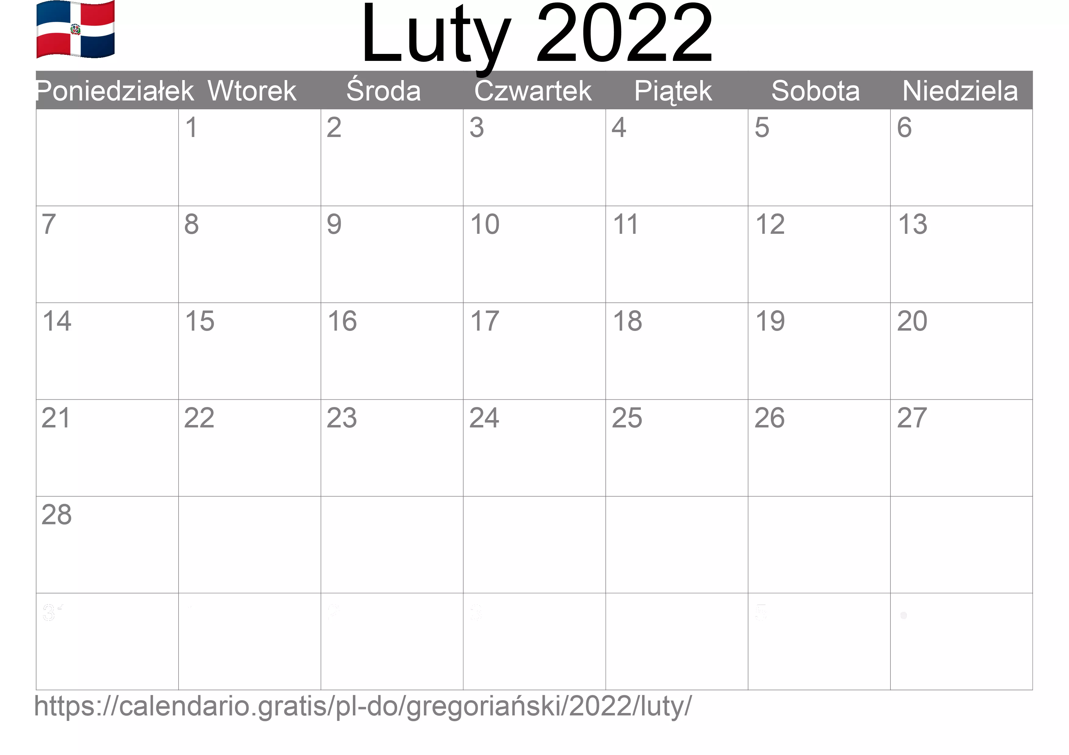 Kalendarz na Luty 2022 do druku (Dominikana)