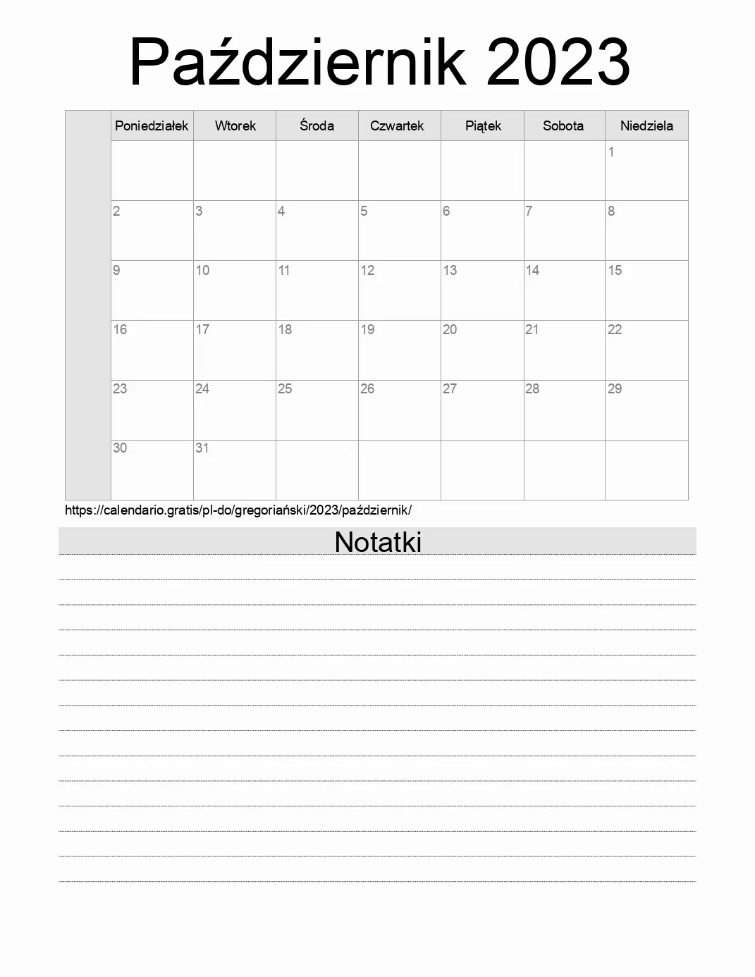 Kalendarz na Październik 2023 do druku z notatkami. (Dominikana) Kalendarz na Październik 2023 do druku z notatkami. (Dominikana)