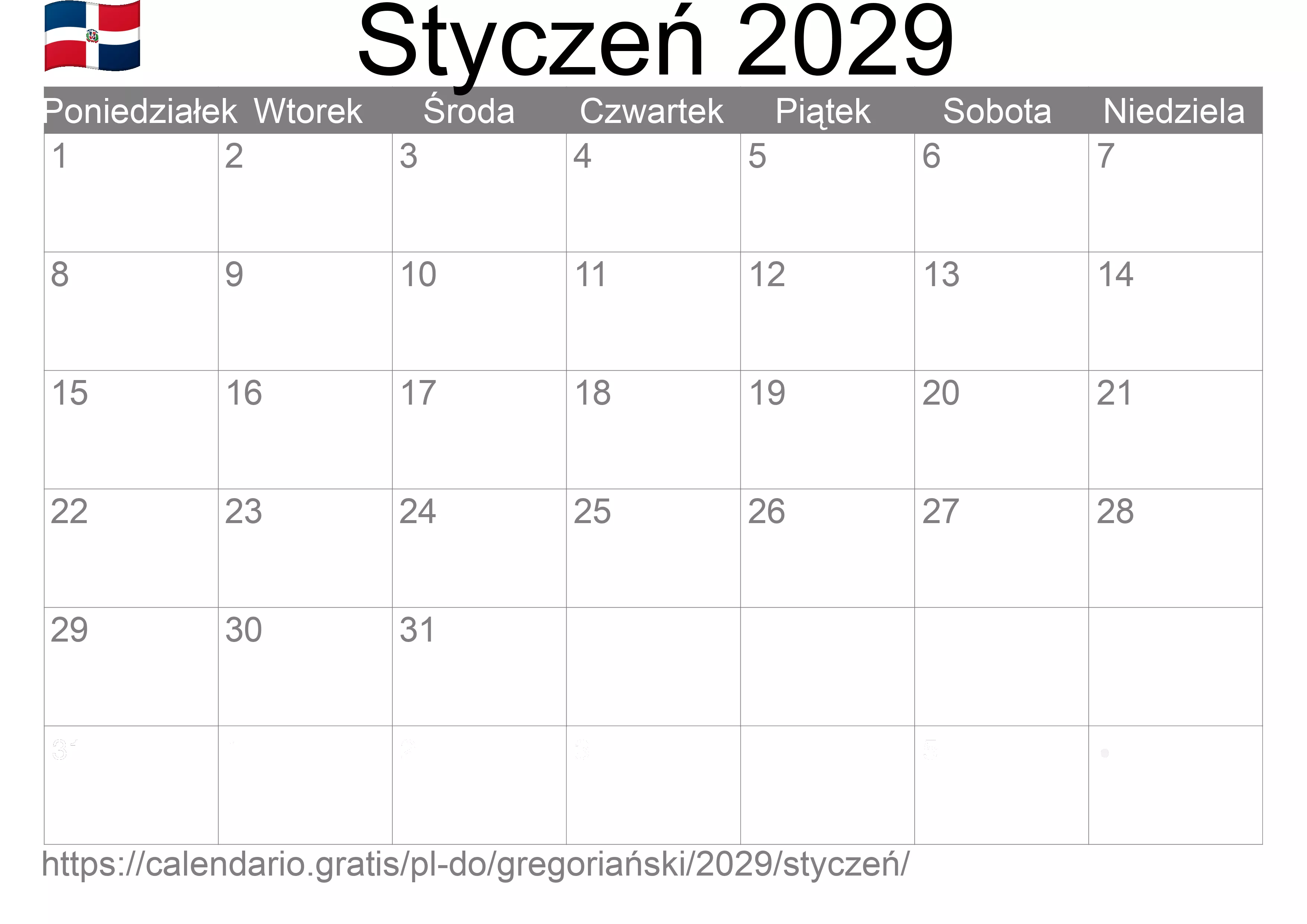 Kalendarz na Styczeń 2029 do druku (Dominikana) Kalendarz na Styczeń 2029 do druku (Dominikana)