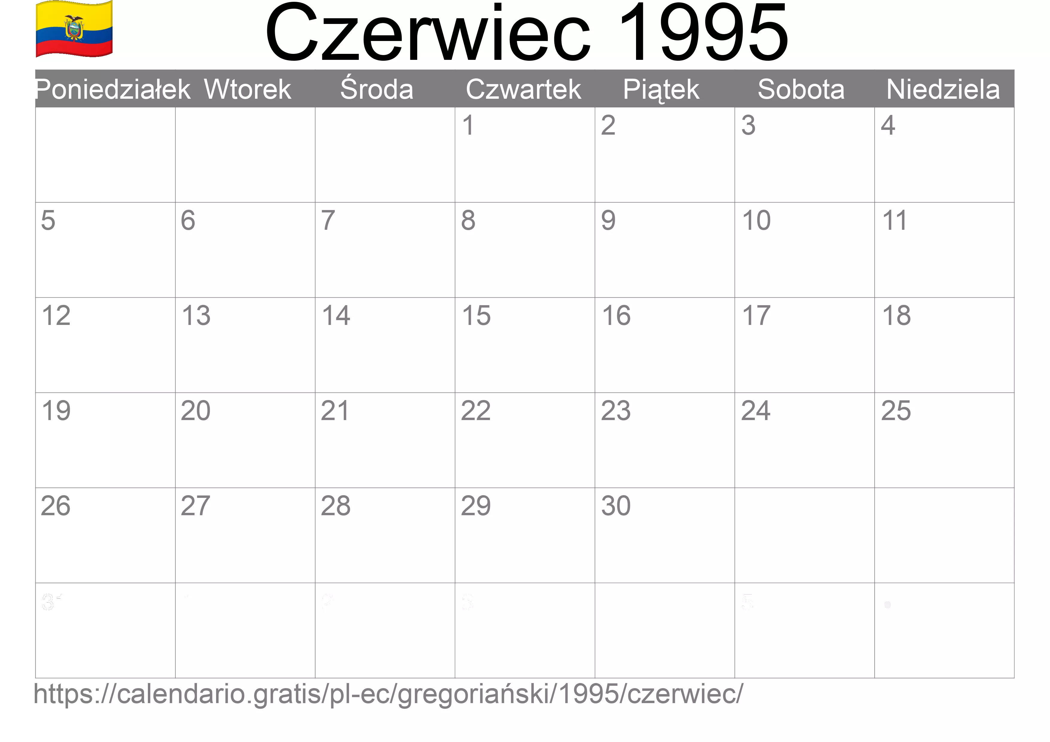 Kalendarz na Czerwiec 1995 do druku (Ekwador) Kalendarz na Czerwiec 1995 do druku (Ekwador)