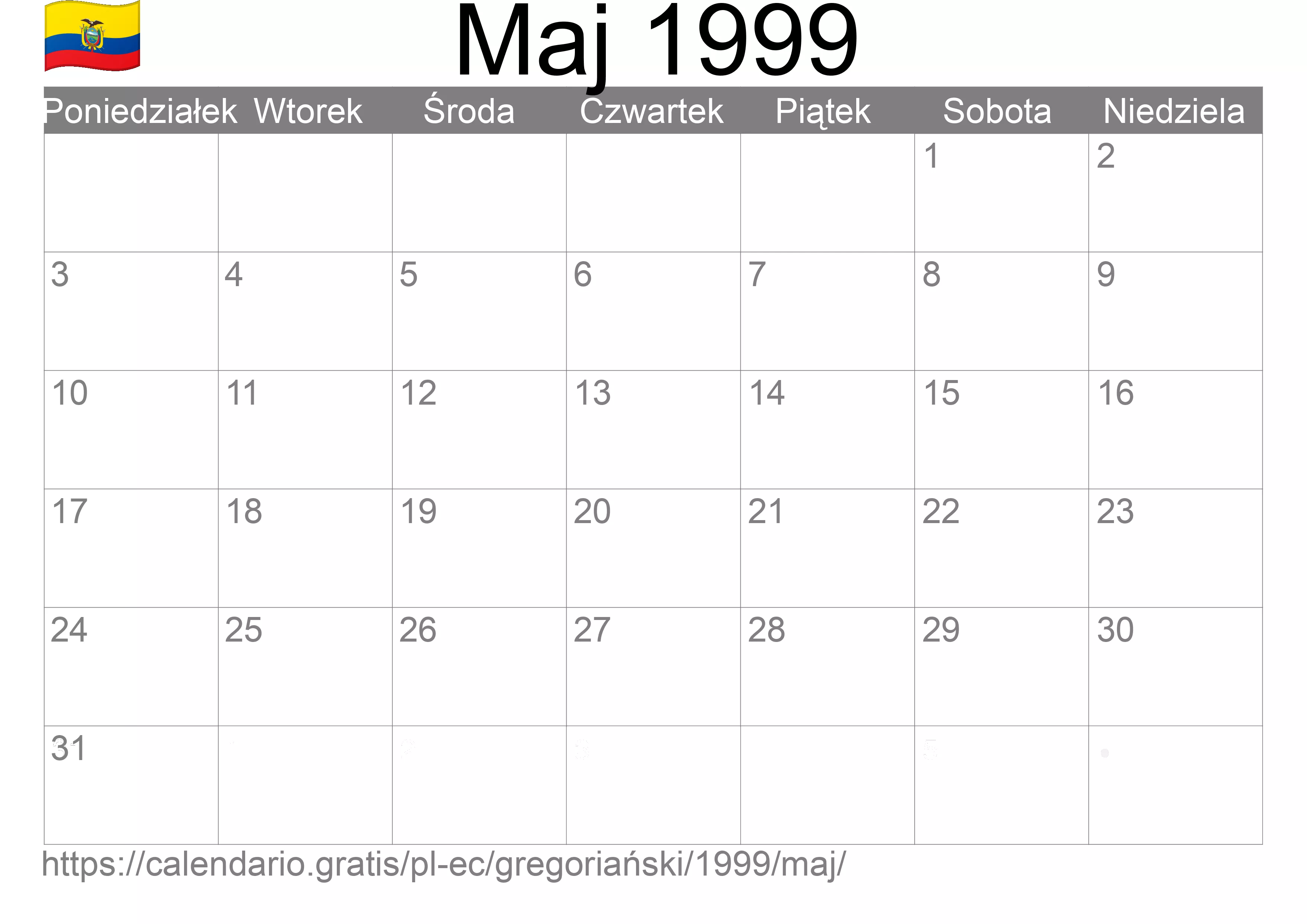 Kalendarz na Maj 1999 do druku (Ekwador) Kalendarz na Maj 1999 do druku (Ekwador)