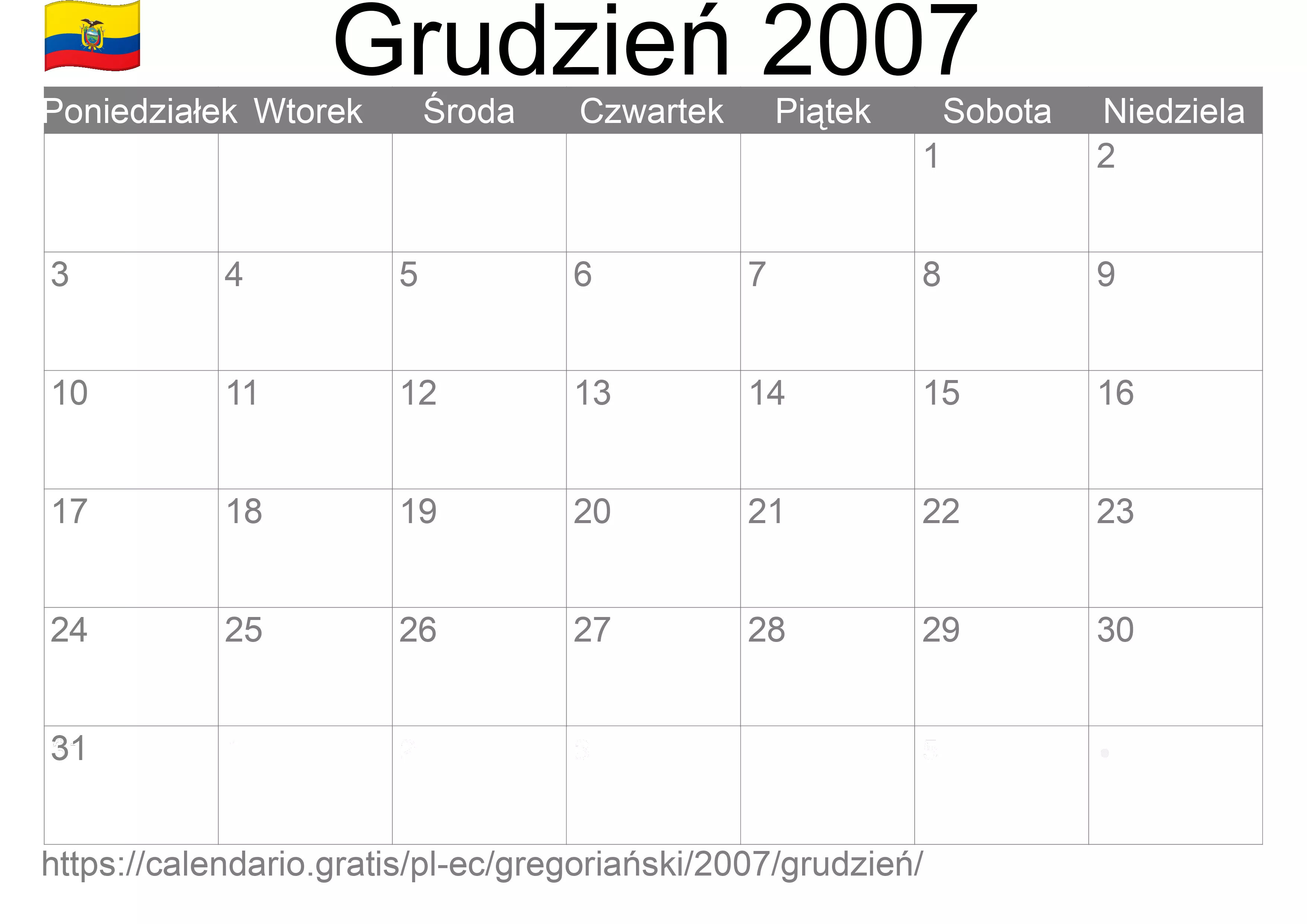 Kalendarz na Grudzień 2007 do druku (Ekwador)