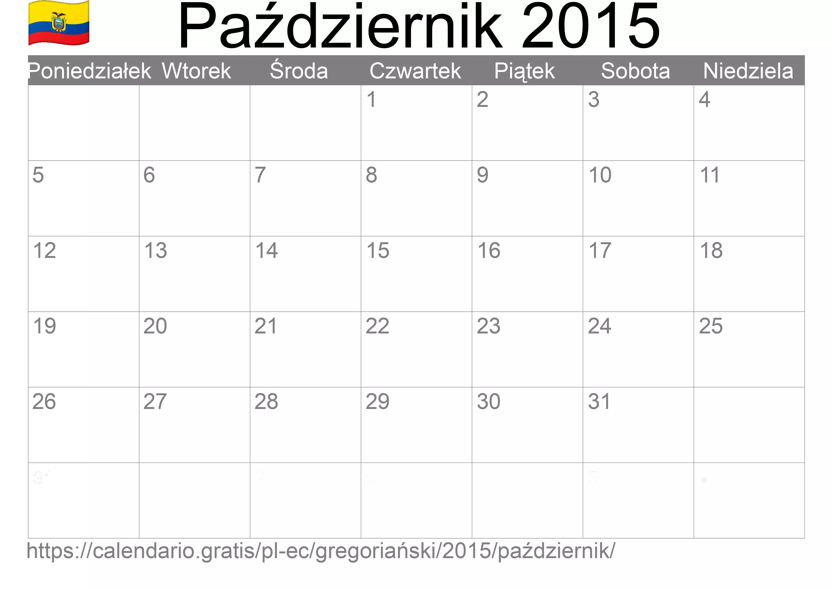 Kalendarz na Październik 2015 do druku (Ekwador) Kalendarz na Październik 2015 do druku (Ekwador)