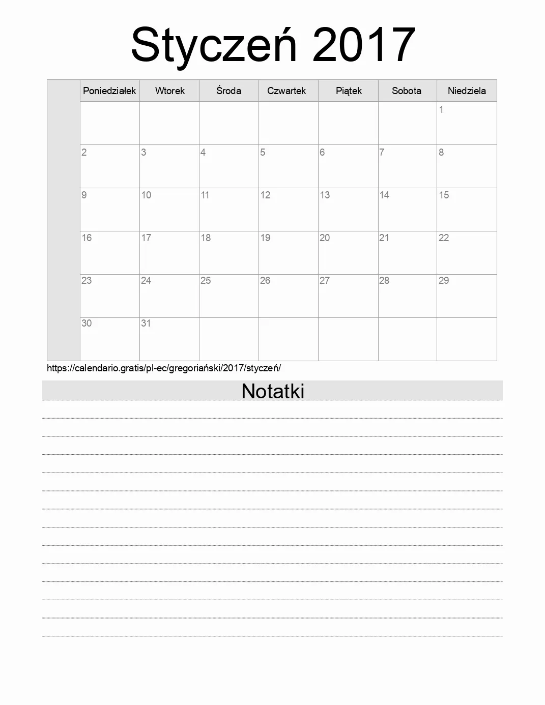 Kalendarz na Styczeń 2017 do druku z notatkami. (Ekwador) Kalendarz na Styczeń 2017 do druku z notatkami. (Ekwador)