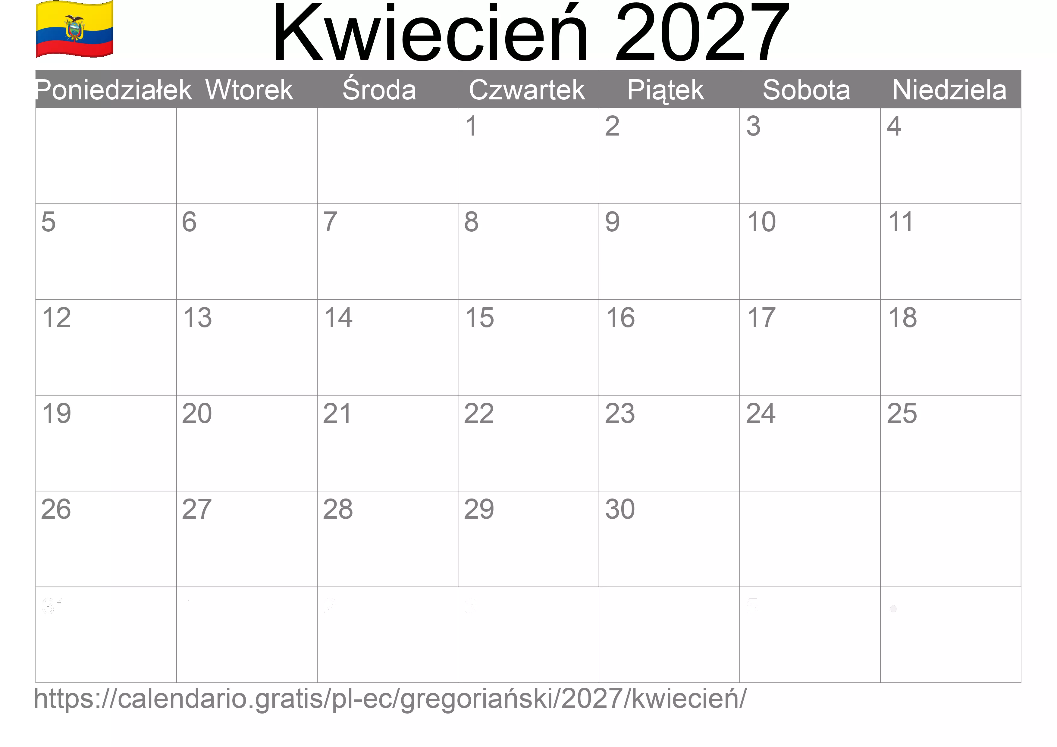 Kalendarz na Kwiecień 2027 do druku (Ekwador)