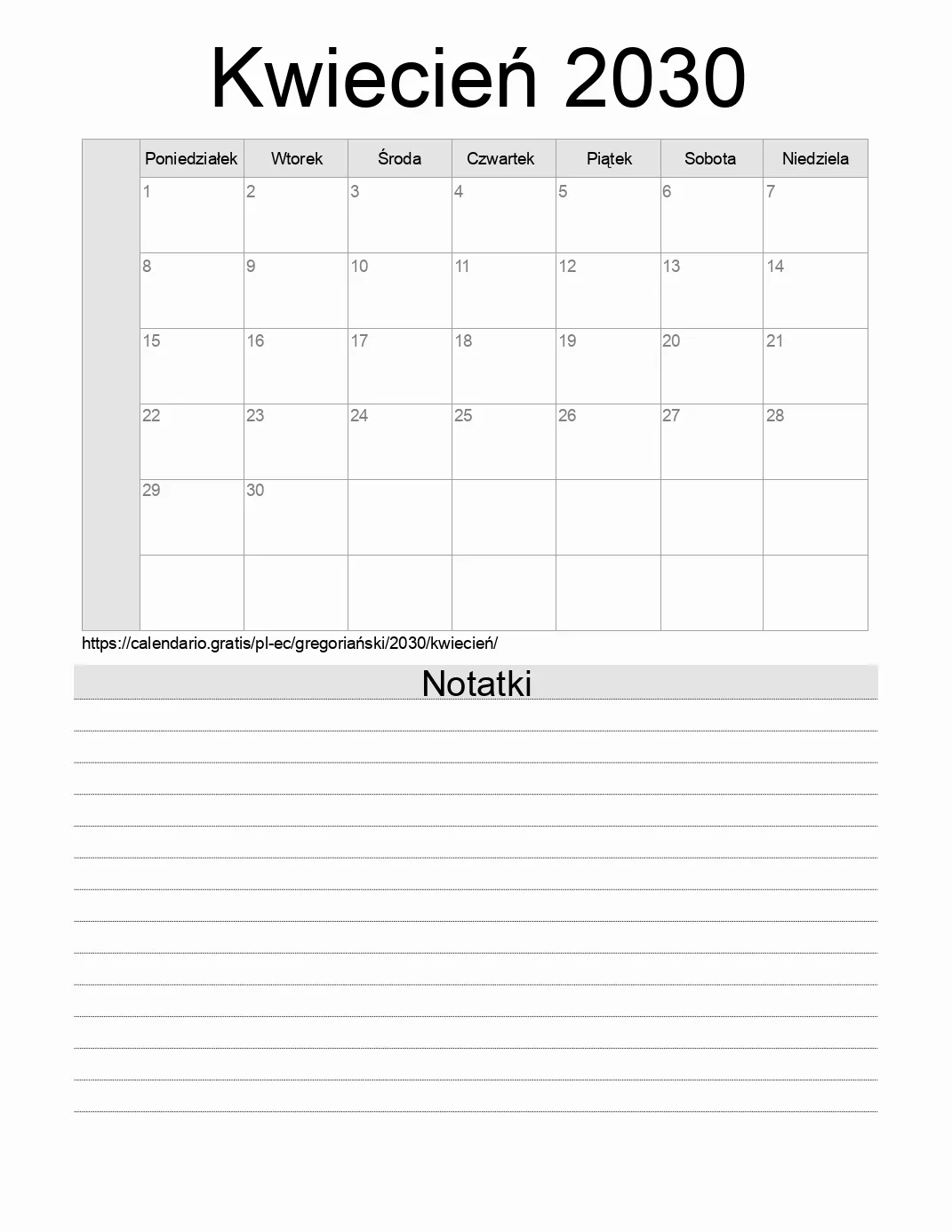 Kalendarz na Kwiecień 2030 do druku z notatkami. (Ekwador)