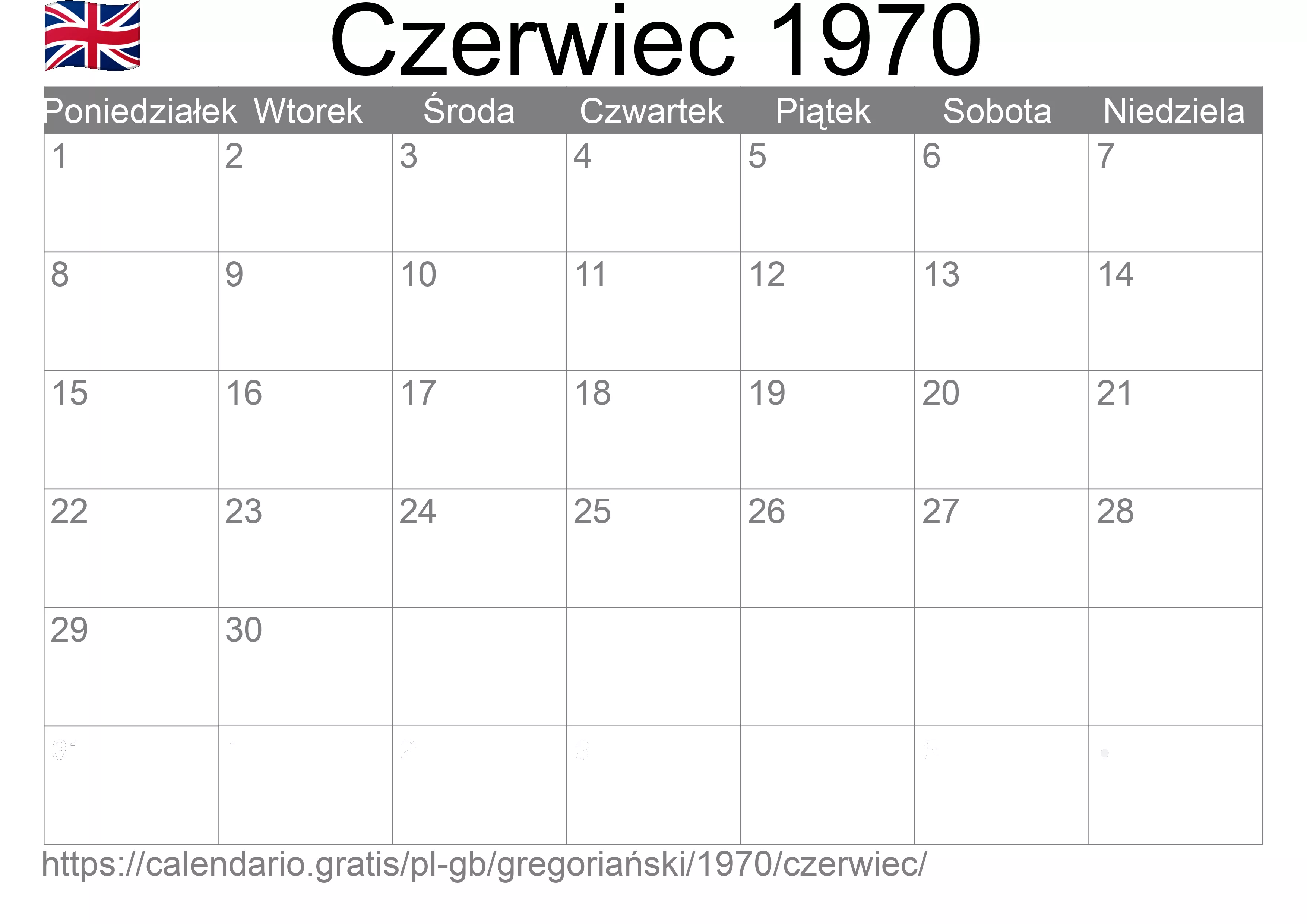 Kalendarz na Czerwiec 1970 do druku (Wielka Brytania)