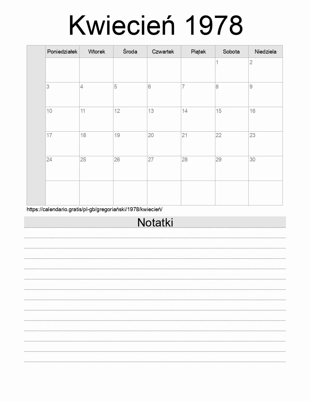 Kalendarz na Kwiecień 1978 do druku z notatkami. (Wielka Brytania)