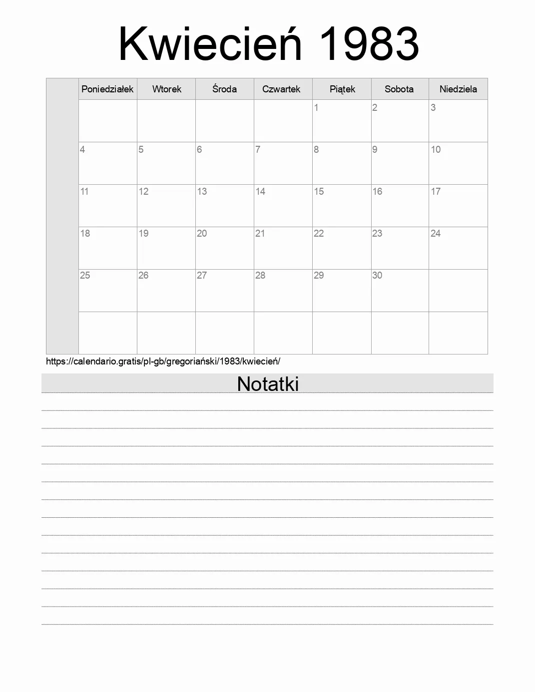 Kalendarz na Kwiecień 1983 do druku z notatkami. (Wielka Brytania)