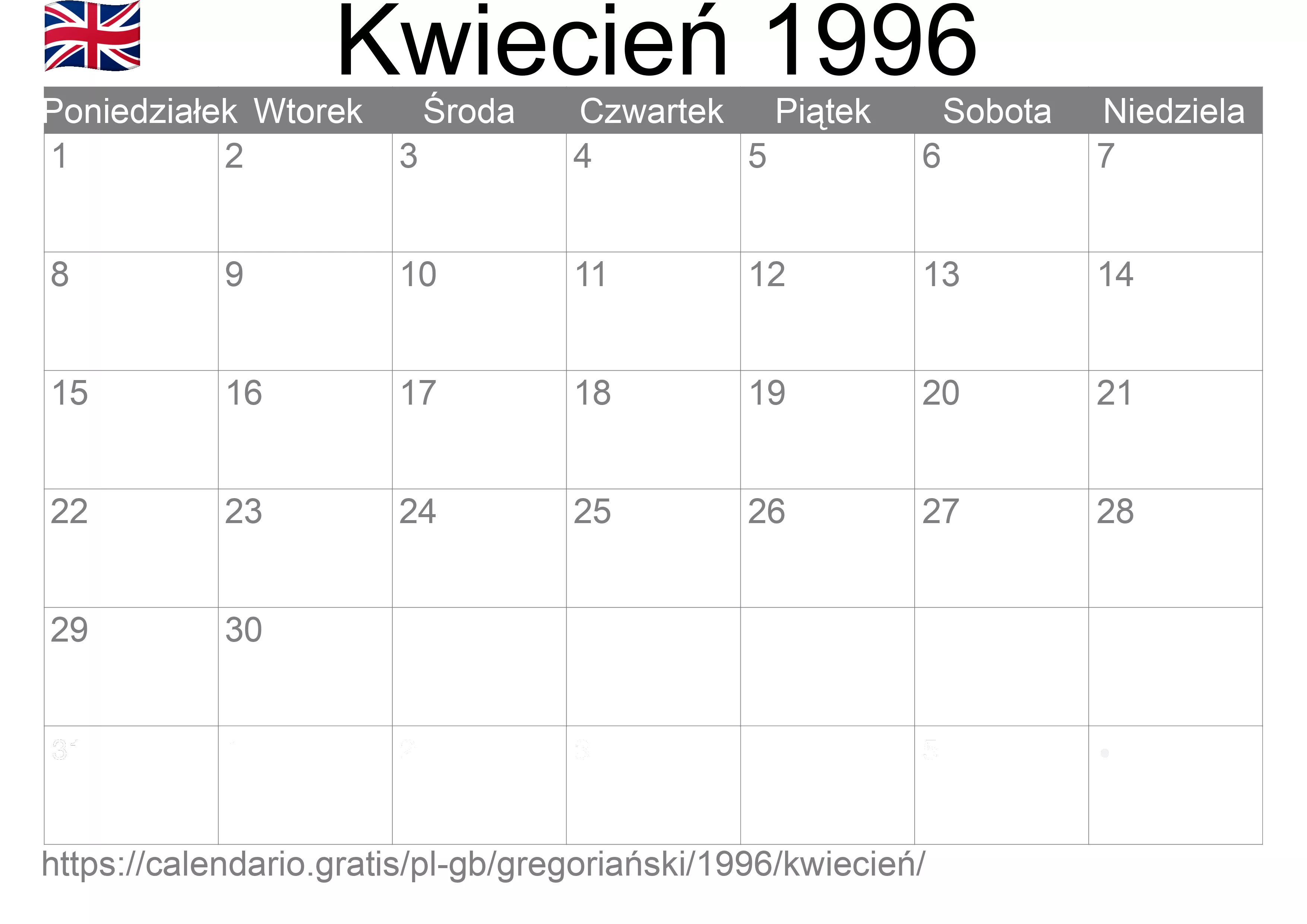 Kalendarz na Kwiecień 1996 do druku (Wielka Brytania)