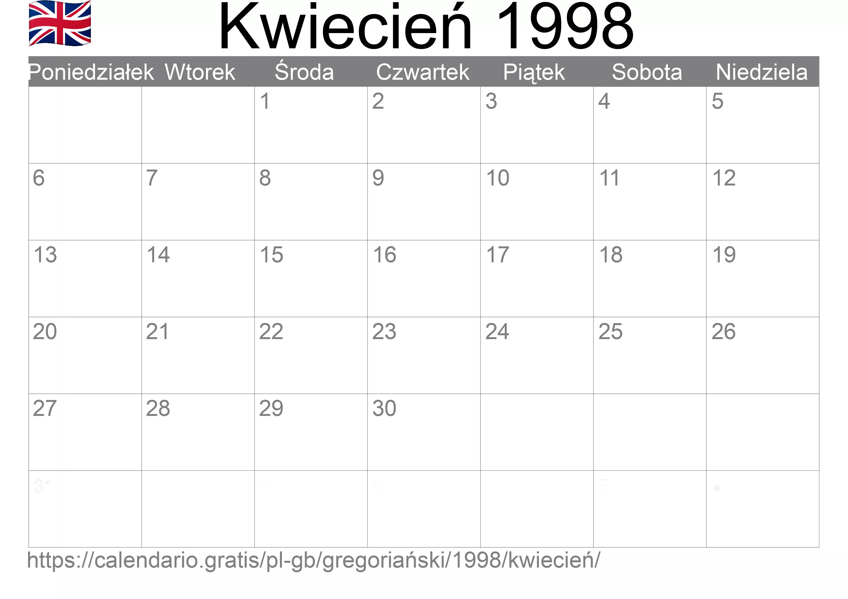 Kalendarz na Kwiecień 1998 do druku (Wielka Brytania)