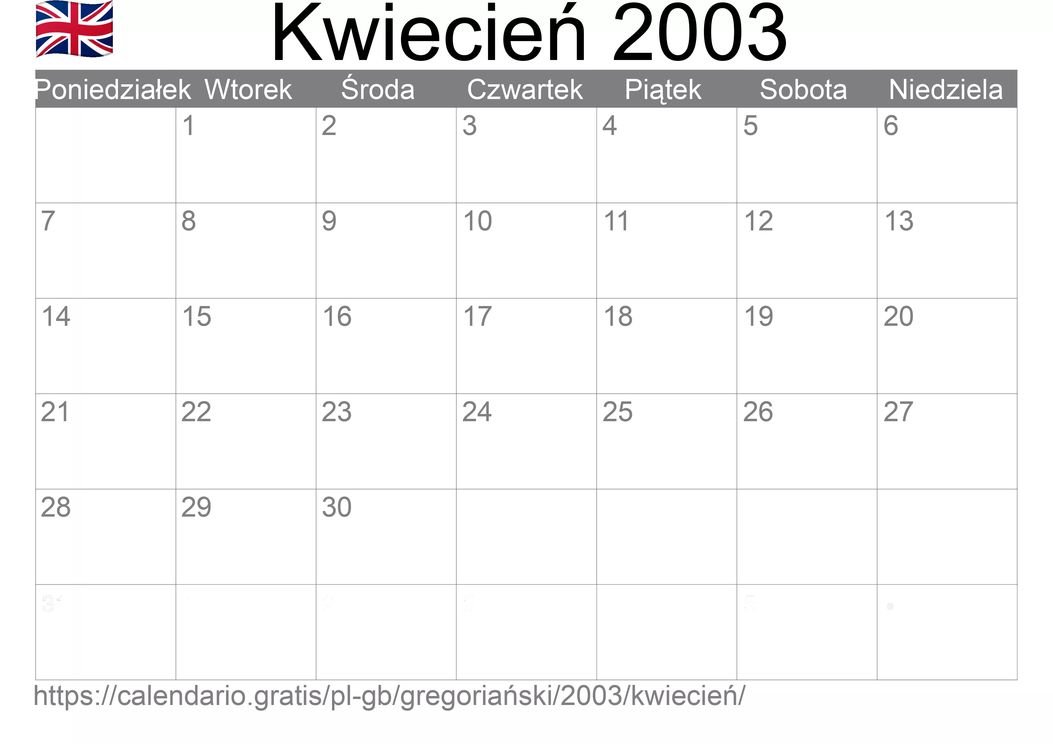 Kalendarz na Kwiecień 2003 do druku (Wielka Brytania)