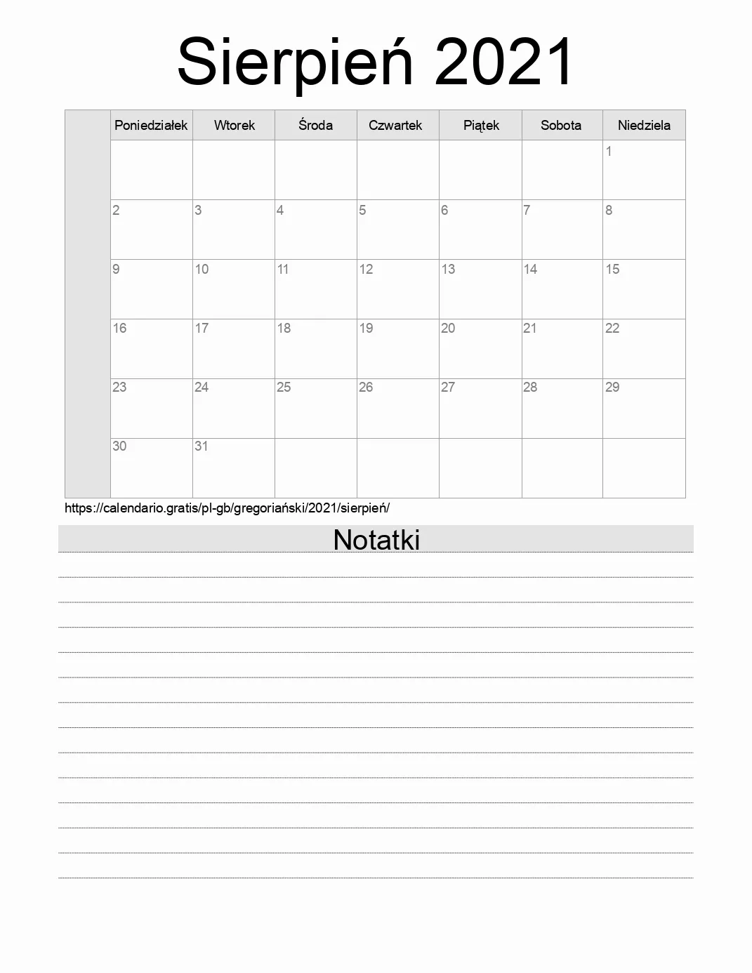 Kalendarz na Sierpień 2021 do druku z notatkami. (Wielka Brytania)