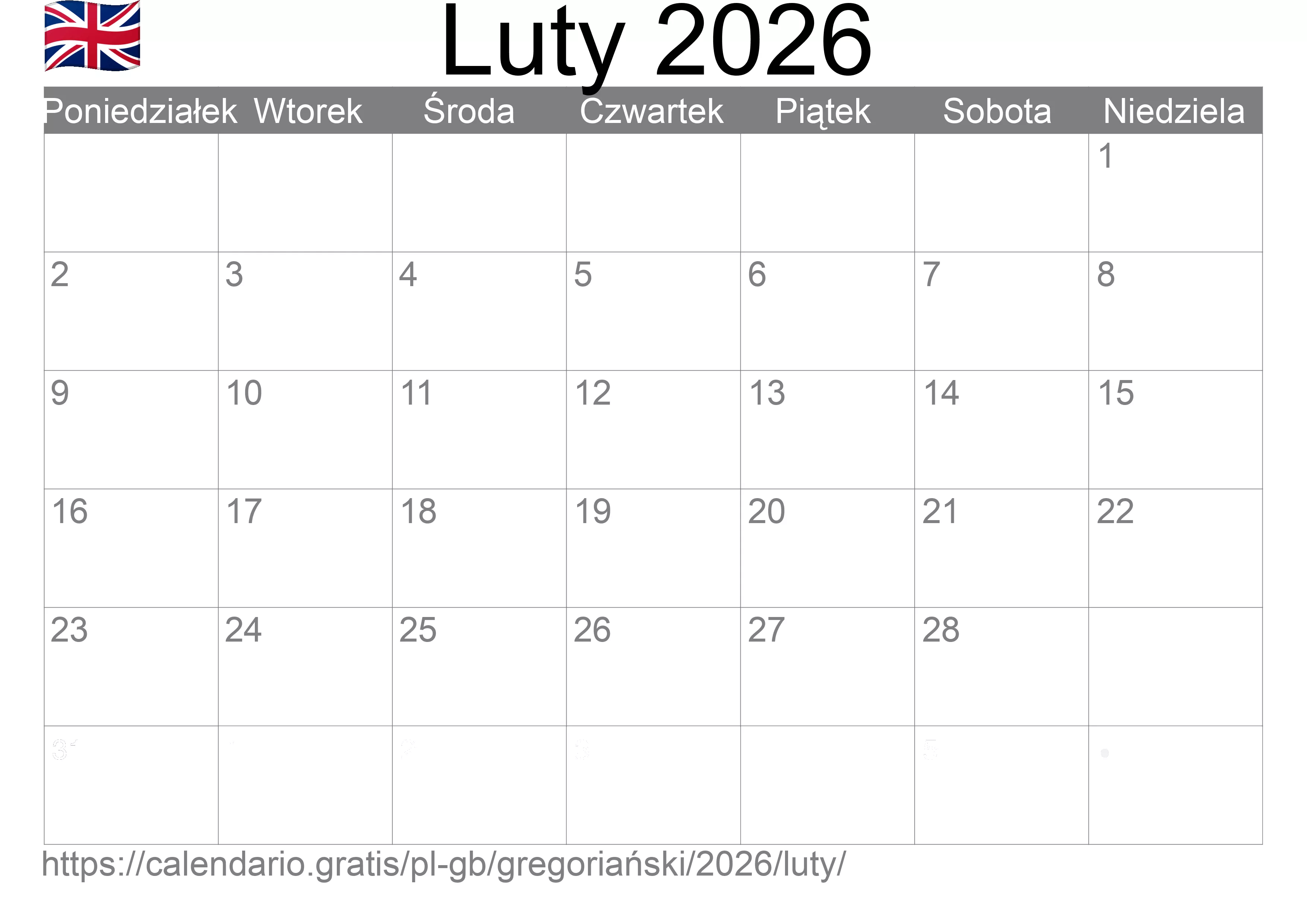 Kalendarz na Luty 2026 do druku (Wielka Brytania)