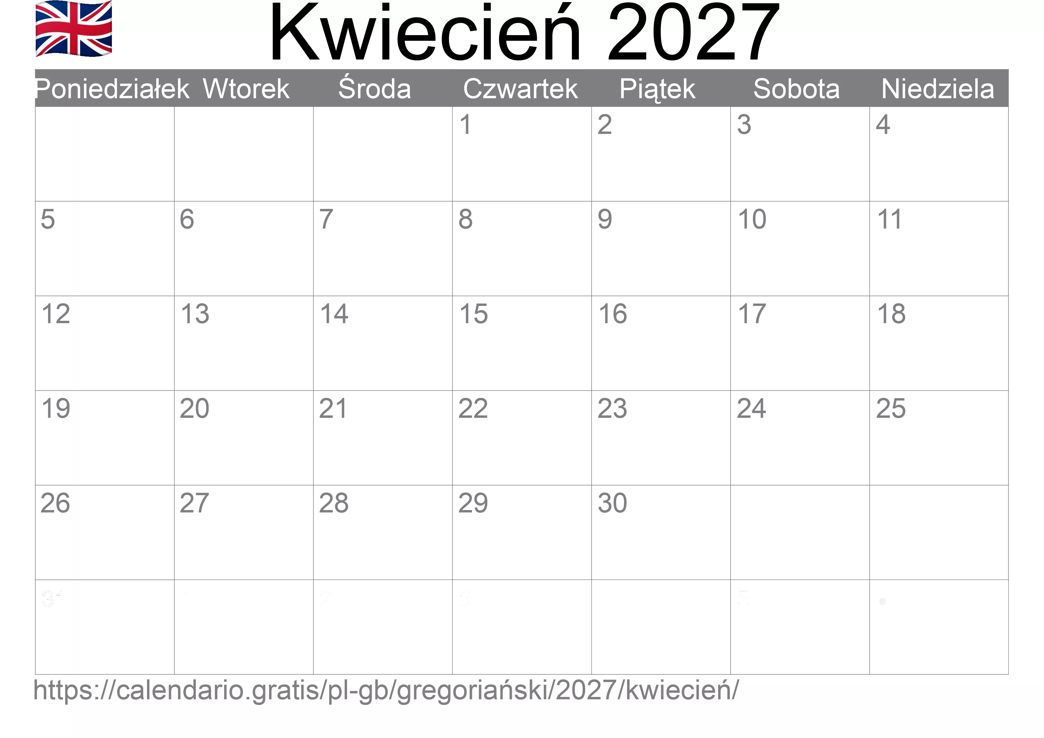 Kalendarz na Kwiecień 2027 do druku (Wielka Brytania)