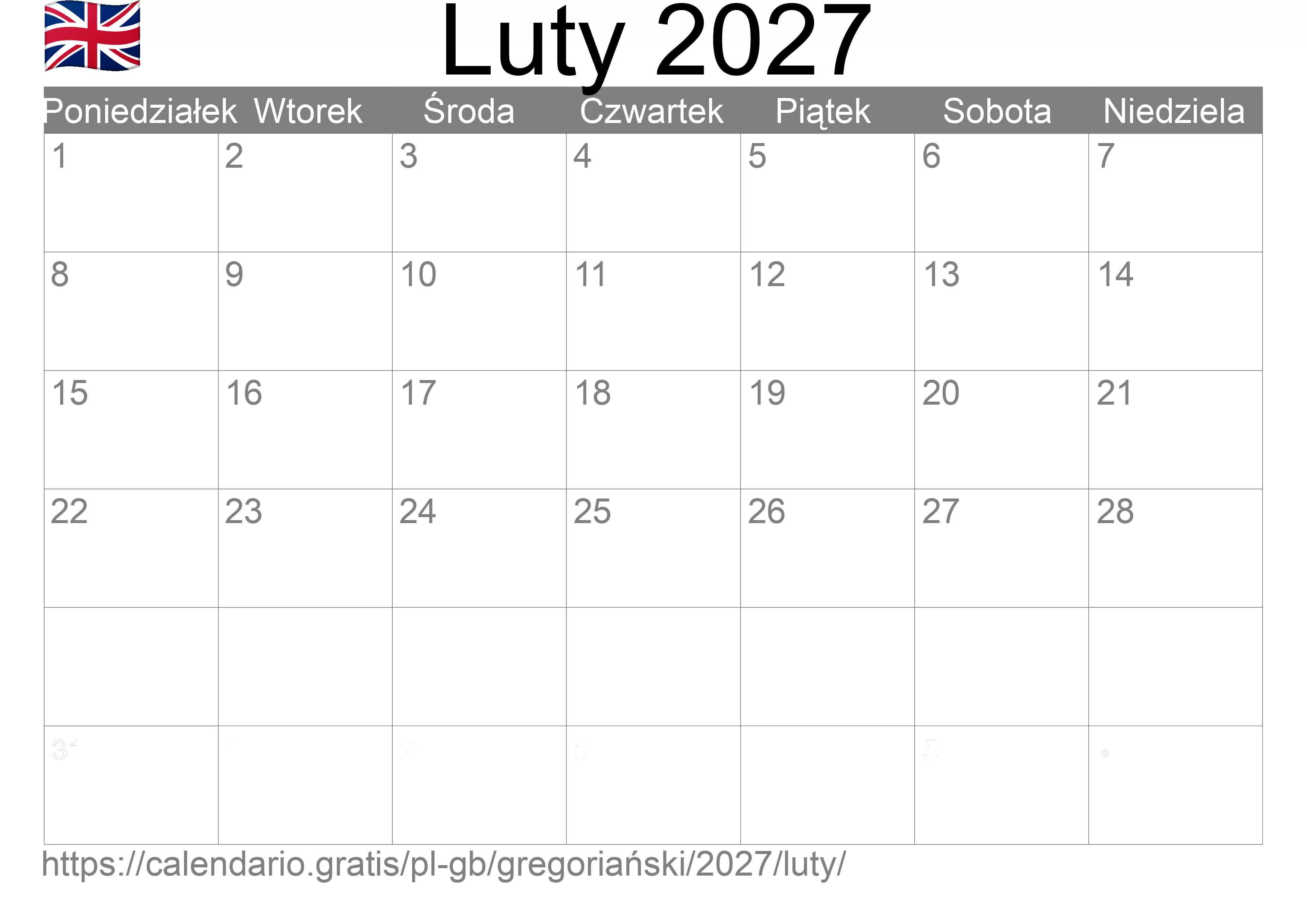 Kalendarz na Luty 2027 do druku (Wielka Brytania)