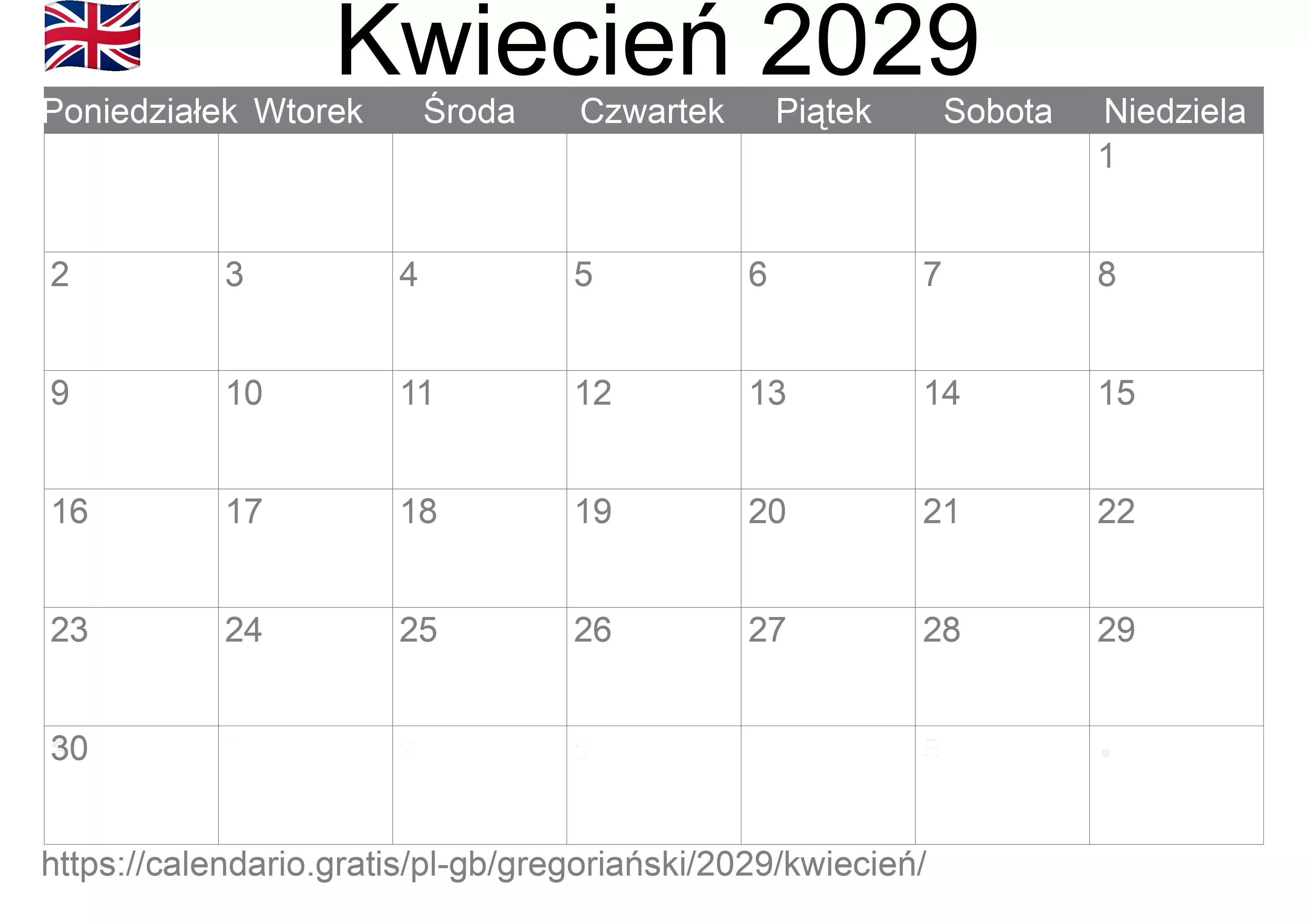 Kalendarz na Kwiecień 2029 do druku (Wielka Brytania)