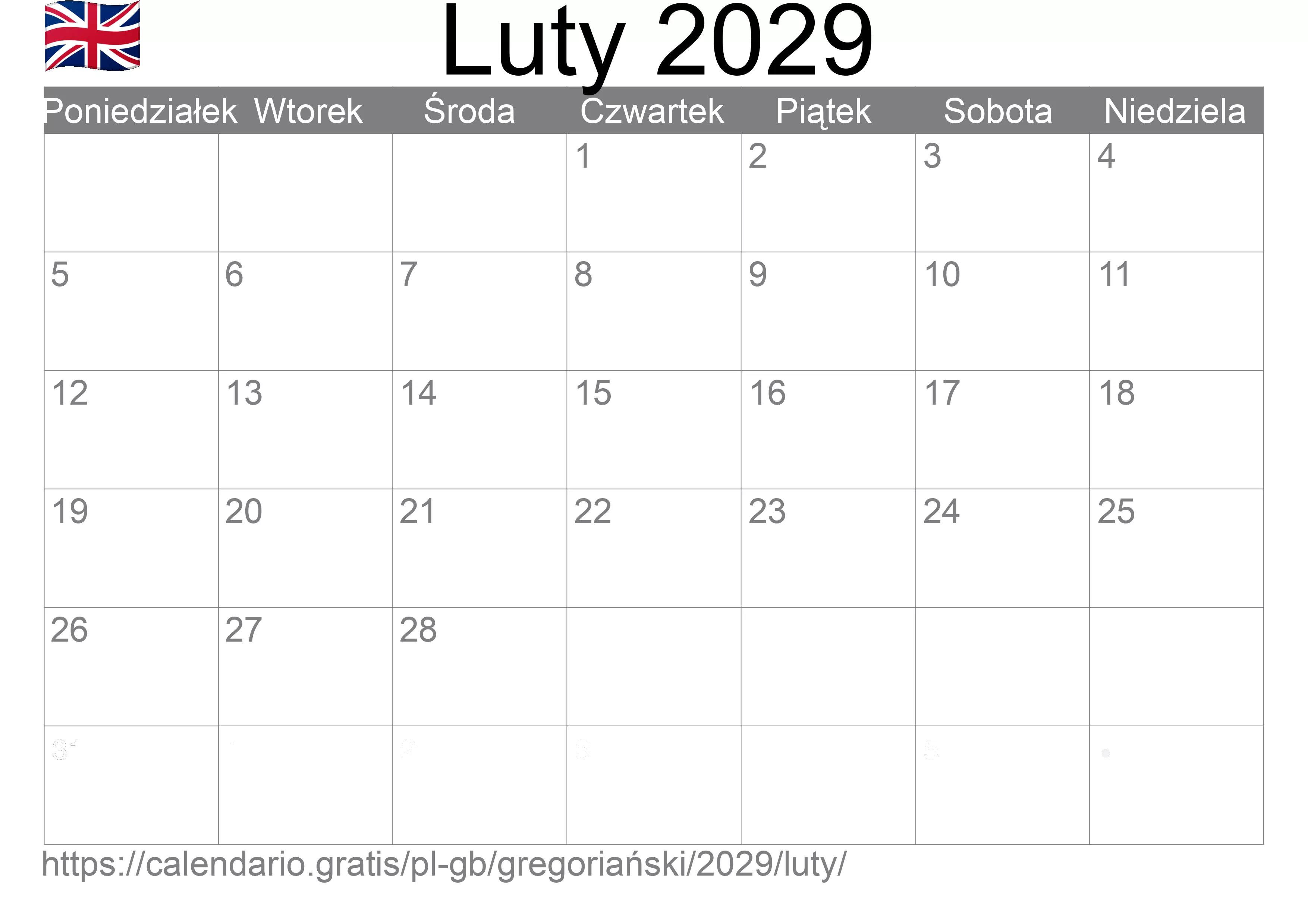 Kalendarz na Luty 2029 do druku (Wielka Brytania)
