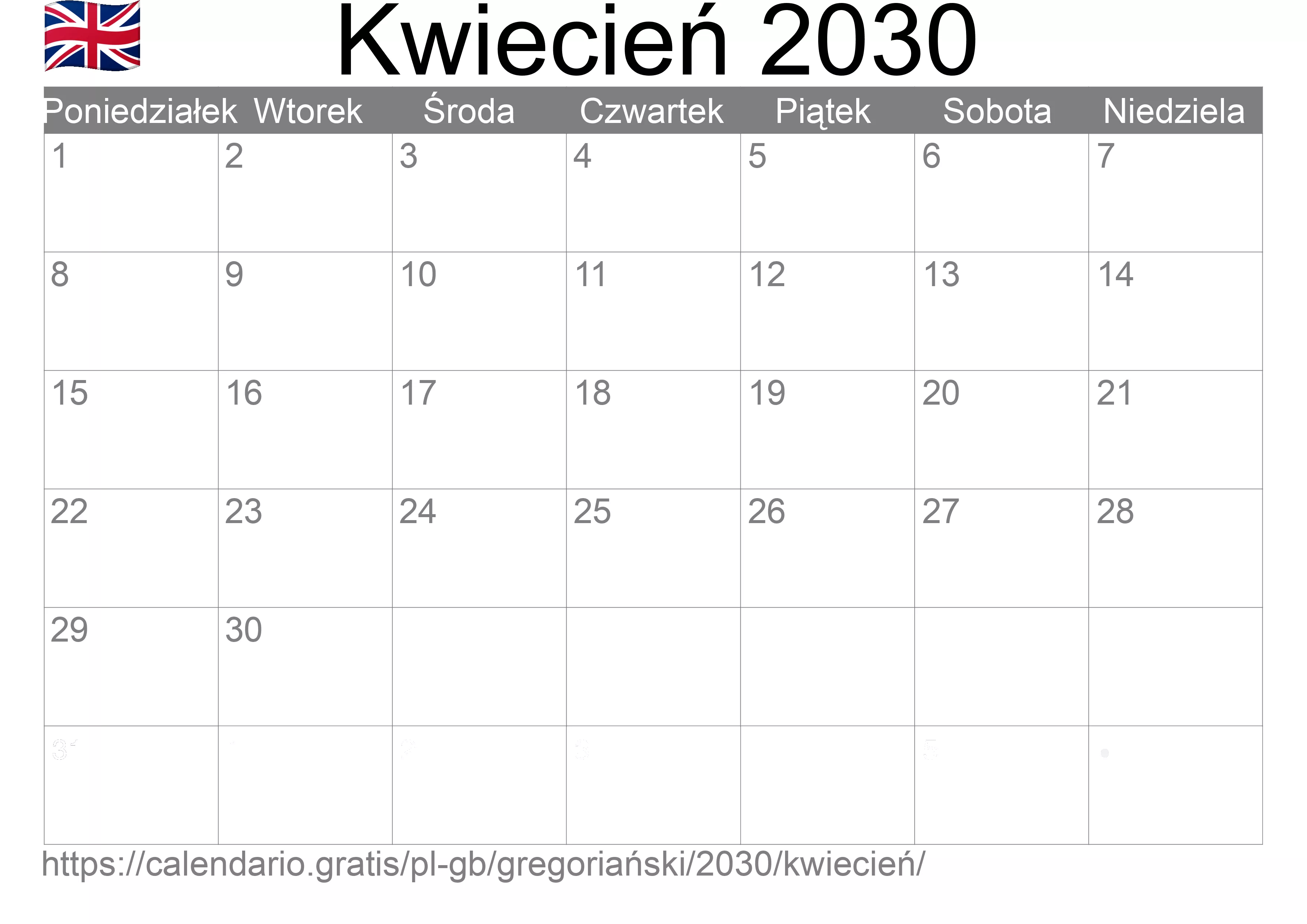 Kalendarz na Kwiecień 2030 do druku (Wielka Brytania)
