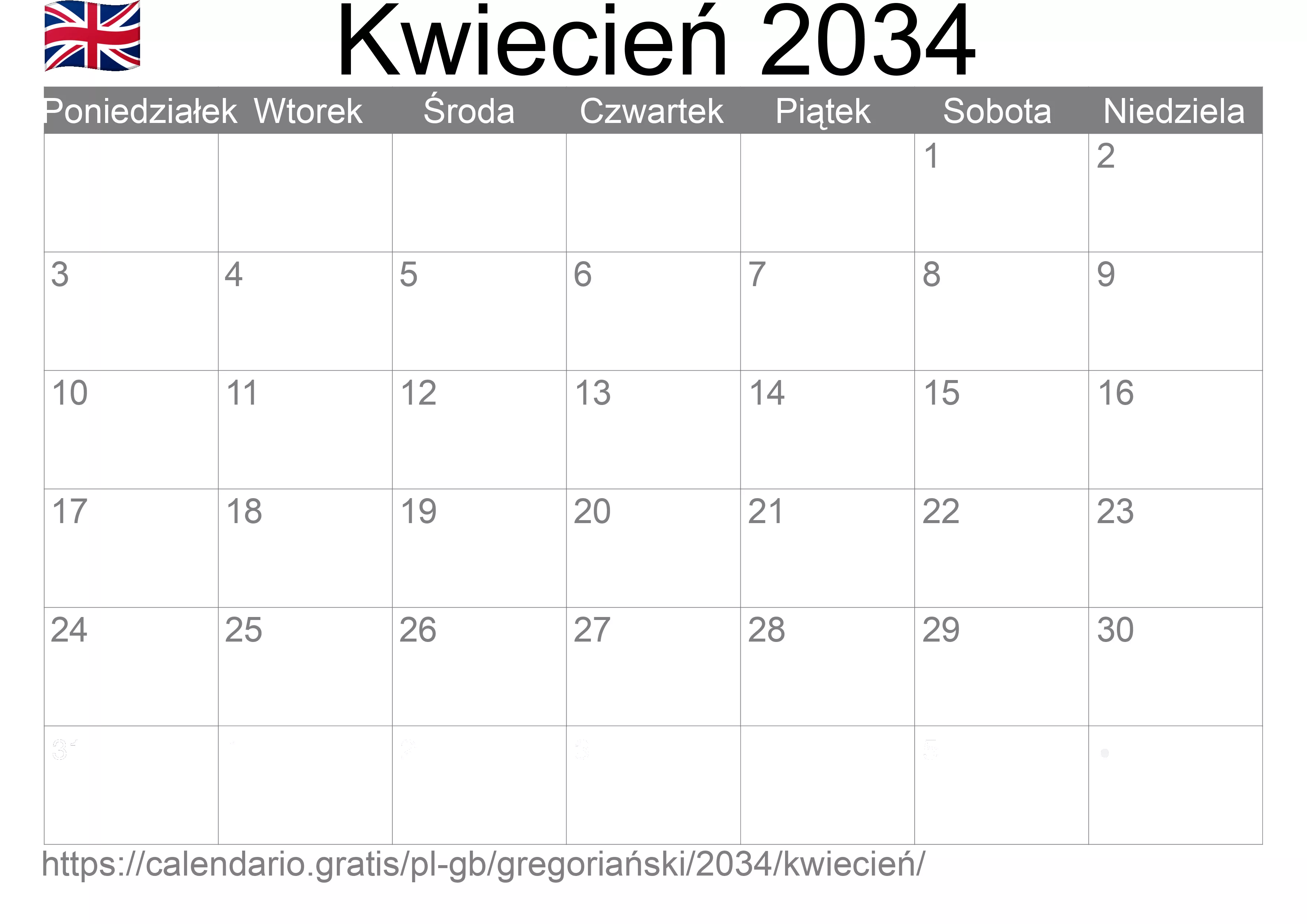 Kalendarz na Kwiecień 2034 do druku (Wielka Brytania)