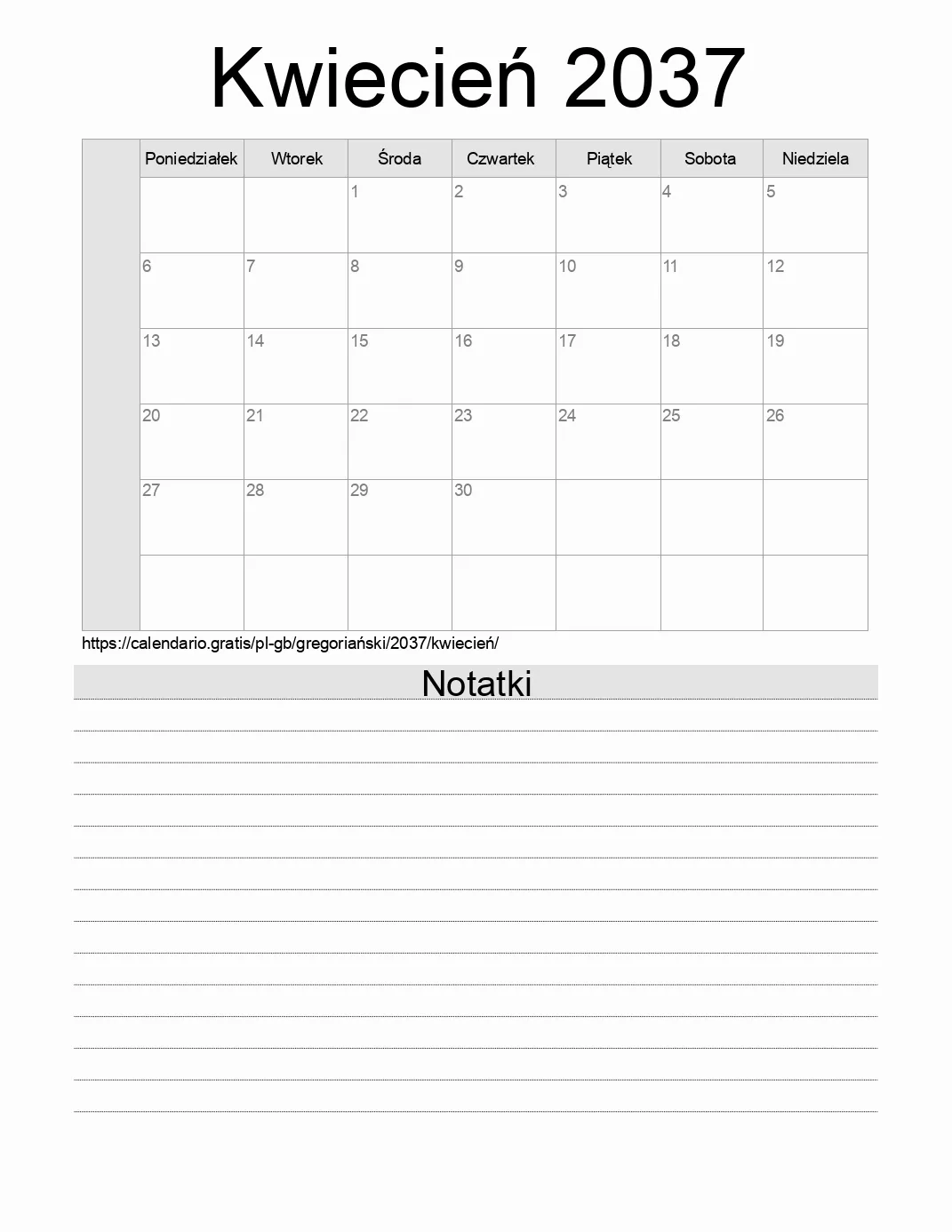 Kalendarz na Kwiecień 2037 do druku z notatkami. (Wielka Brytania)