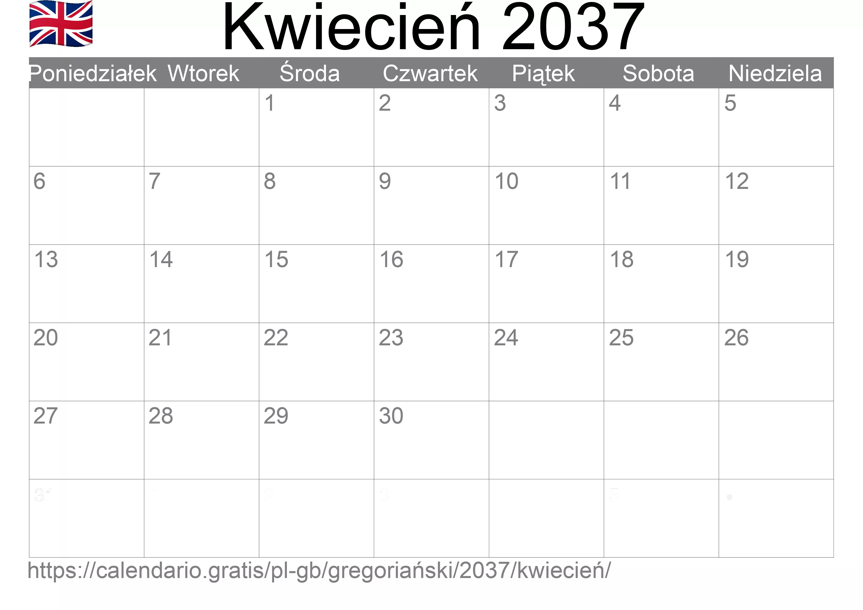 Kalendarz na Kwiecień 2037 do druku (Wielka Brytania)