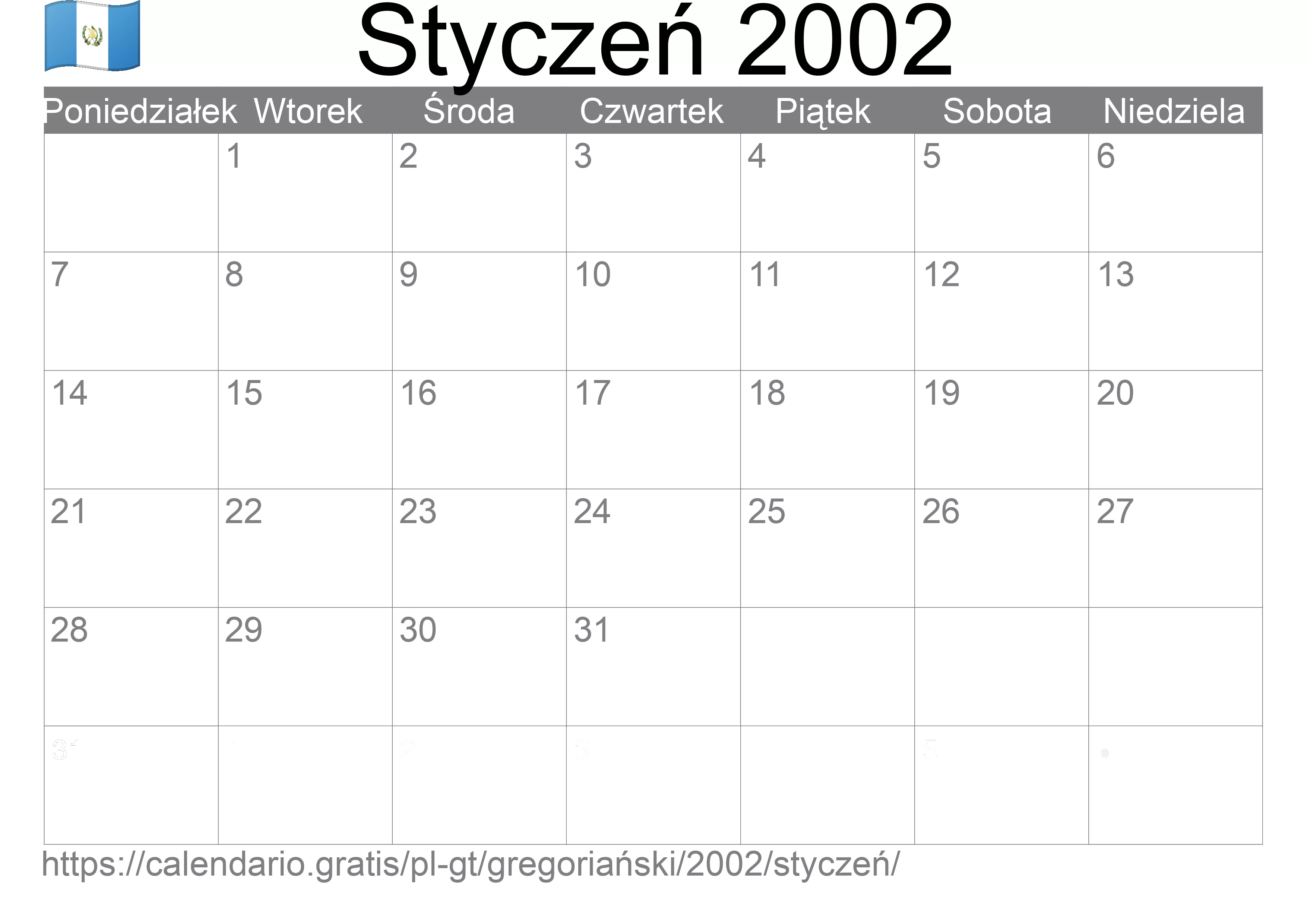 Kalendarz na Styczeń 2002 do druku (Gwatemala) Kalendarz na Styczeń 2002 do druku (Gwatemala)