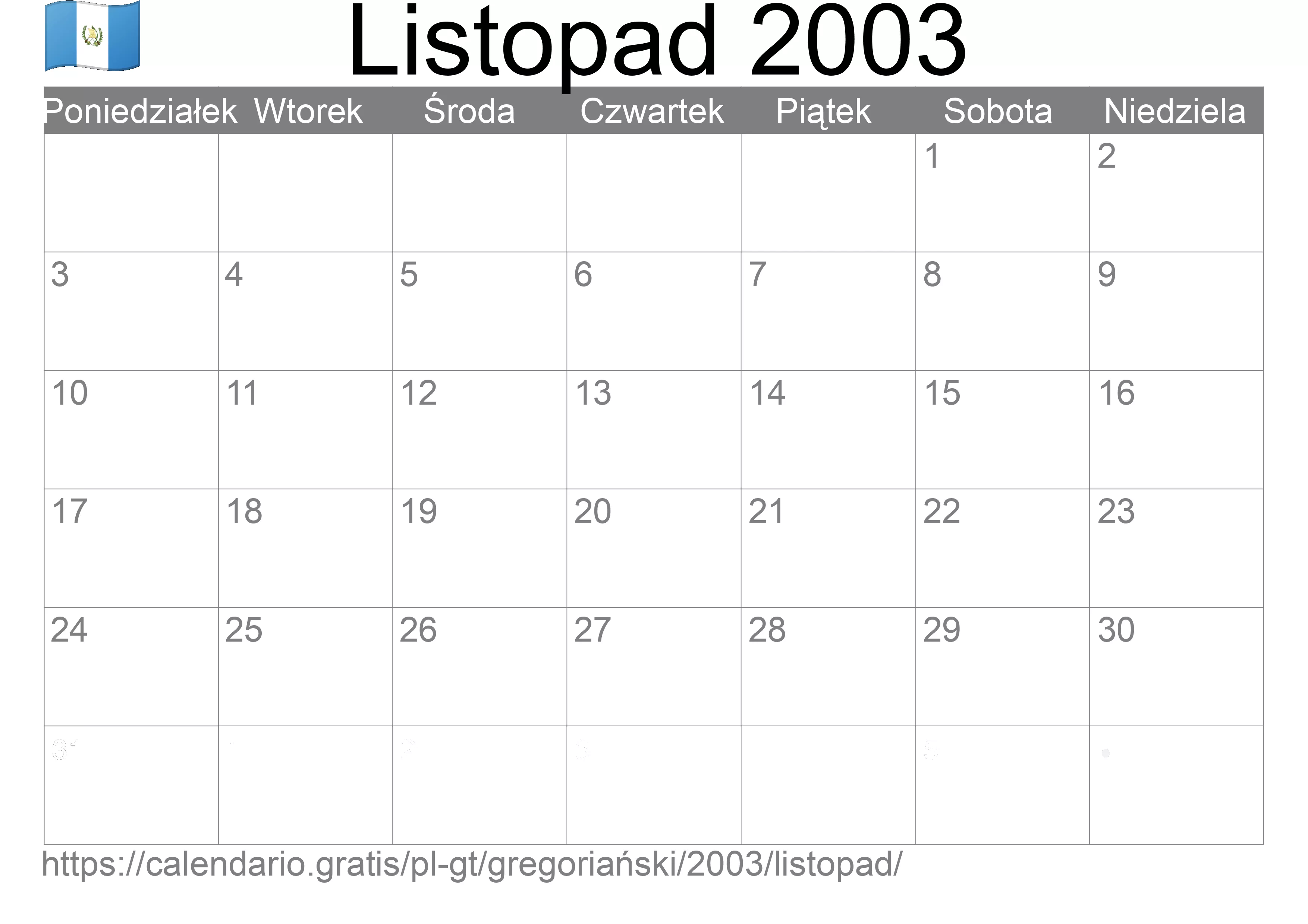 Kalendarz na Listopad 2003 do druku (Gwatemala)