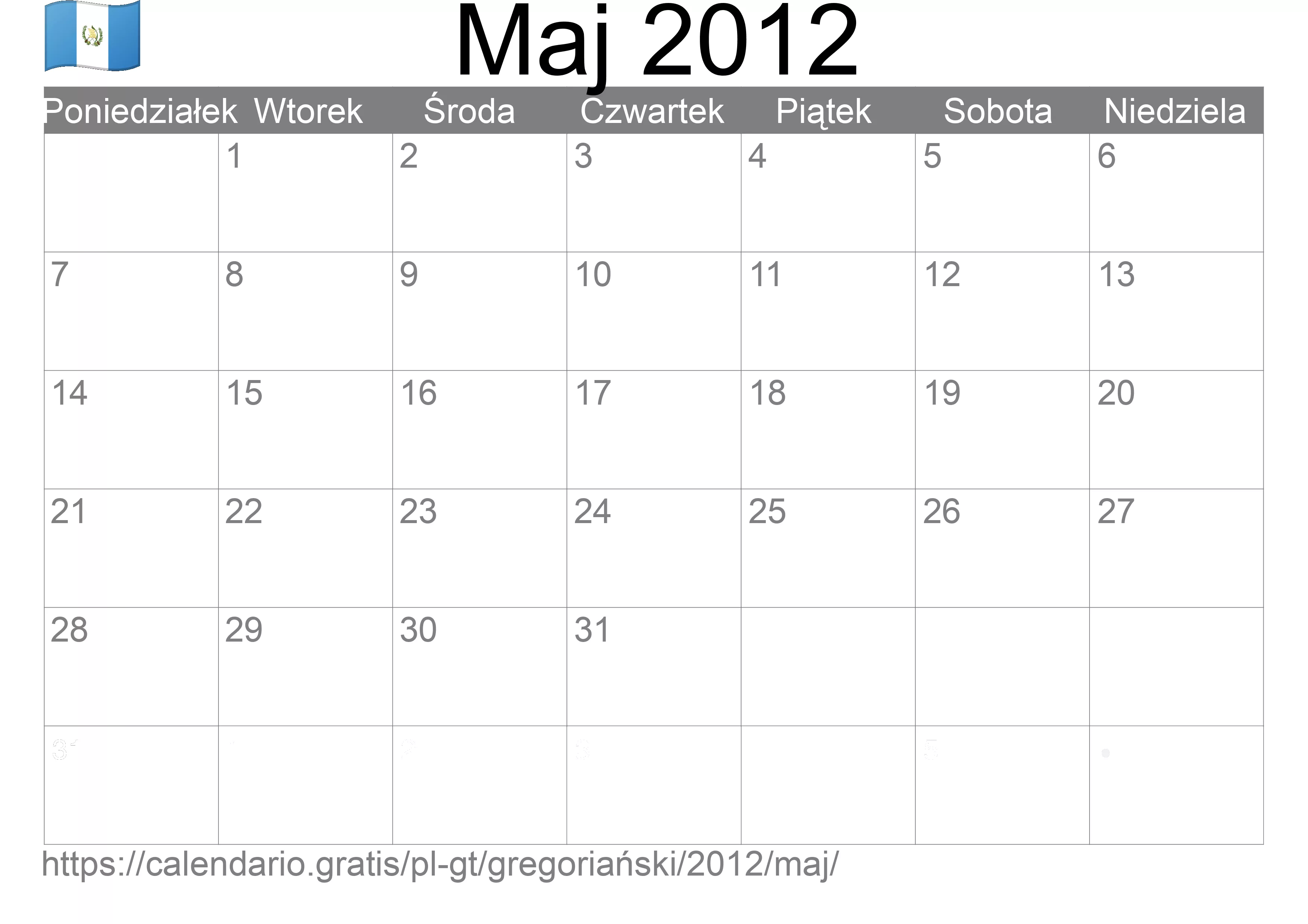 Kalendarz na Maj 2012 do druku (Gwatemala) Kalendarz na Maj 2012 do druku (Gwatemala)