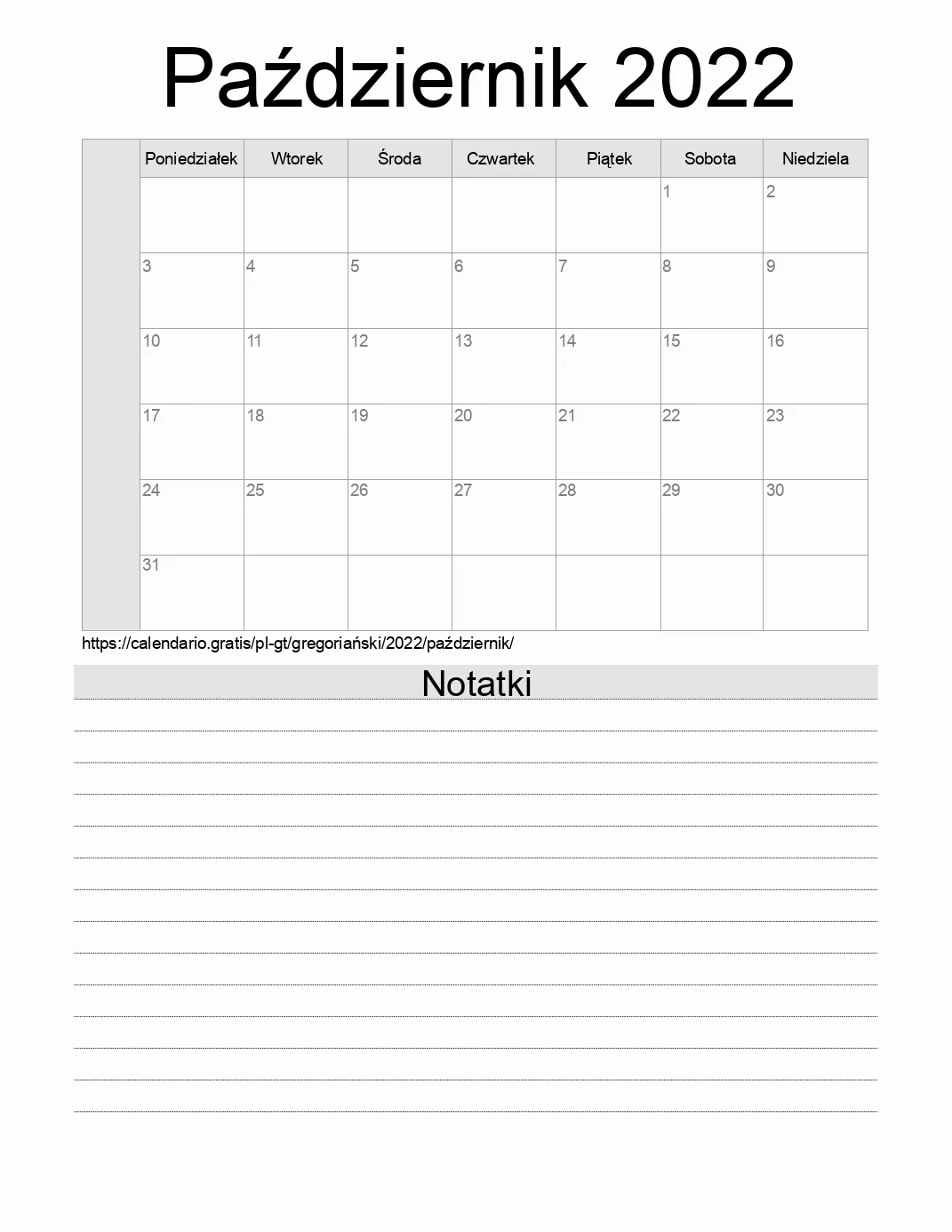 Kalendarz na Październik 2022 do druku z notatkami. (Gwatemala) Kalendarz na Październik 2022 do druku z notatkami. (Gwatemala)