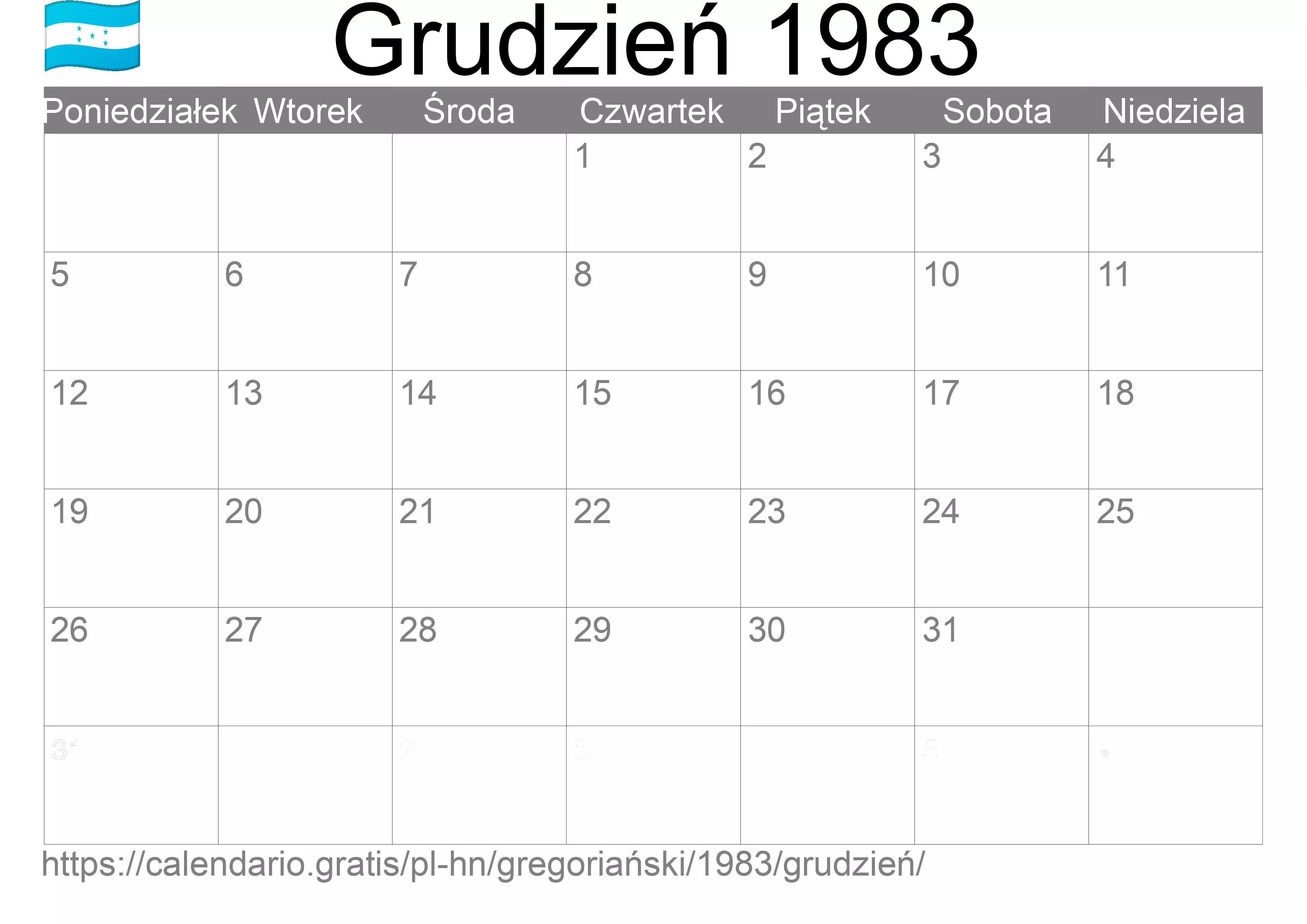 Kalendarz na Grudzień 1983 do druku (Honduras) Kalendarz na Grudzień 1983 do druku (Honduras)