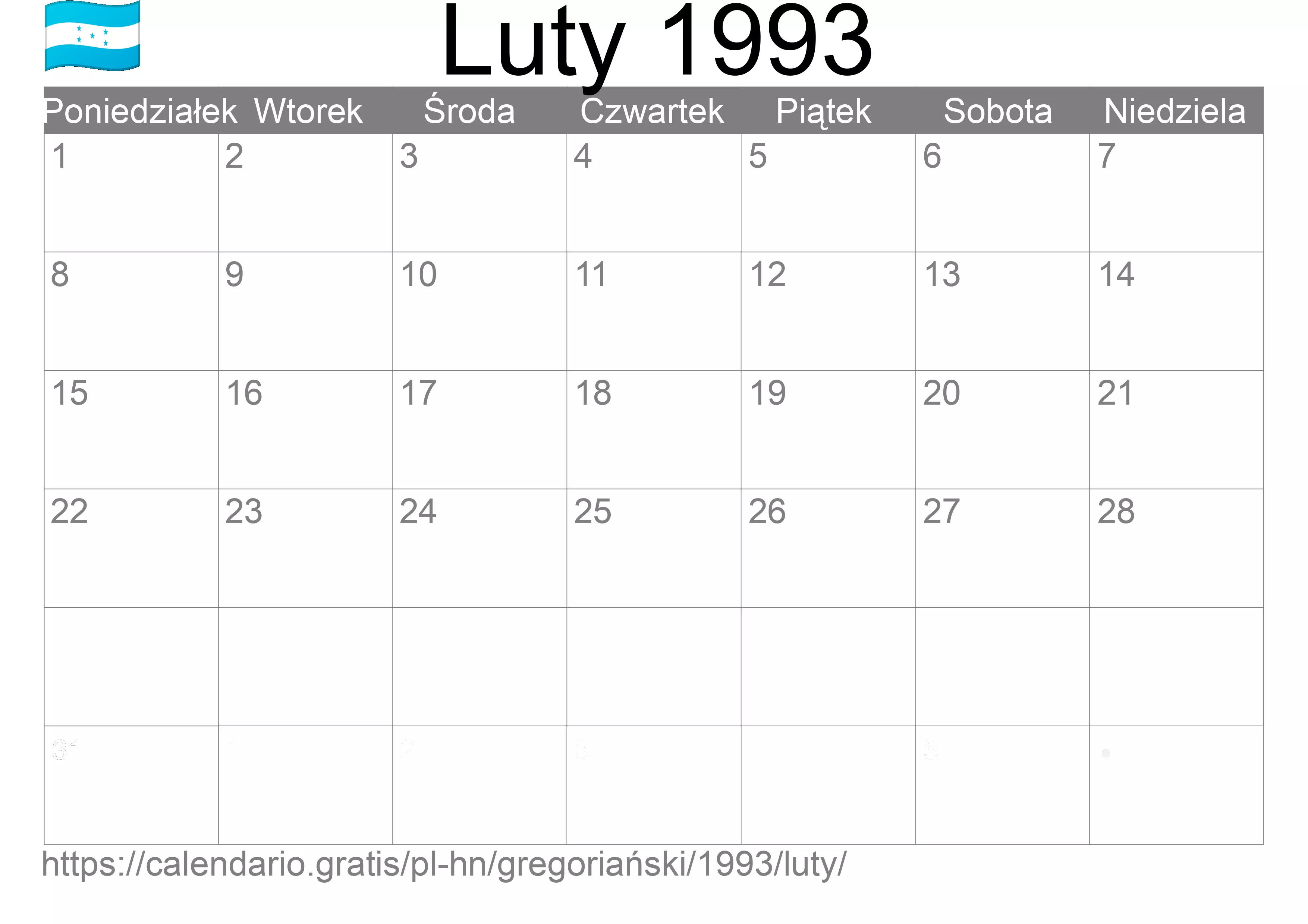 Kalendarz na Luty 1993 do druku (Honduras)