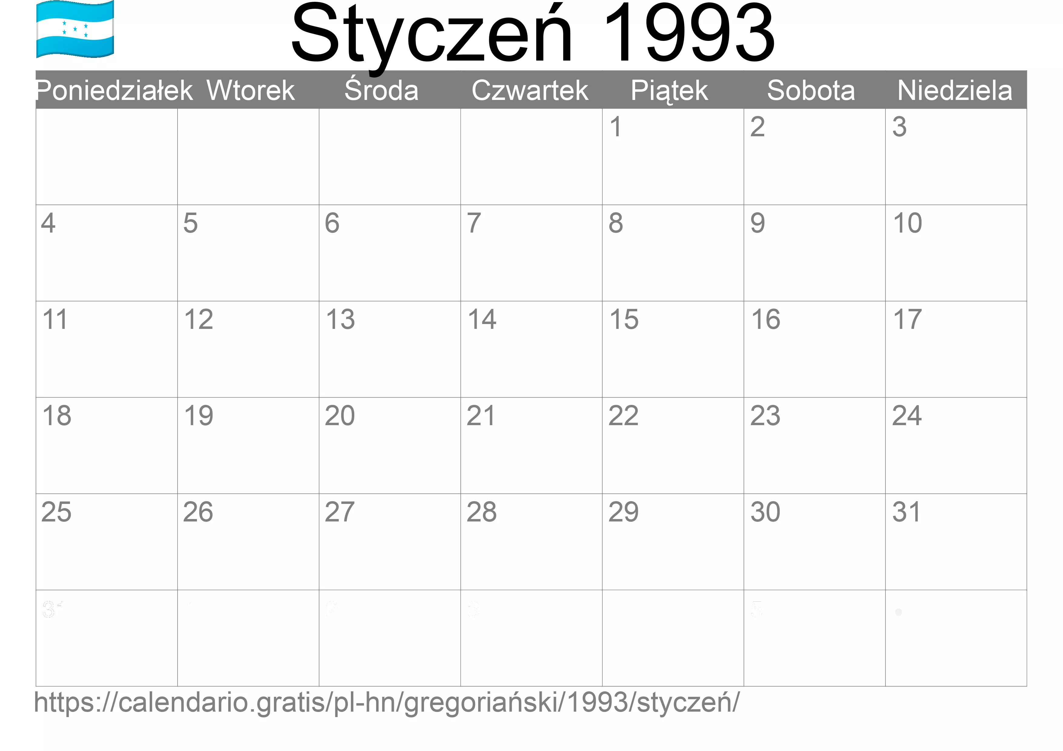 Kalendarz na Styczeń 1993 do druku (Honduras) Kalendarz na Styczeń 1993 do druku (Honduras)