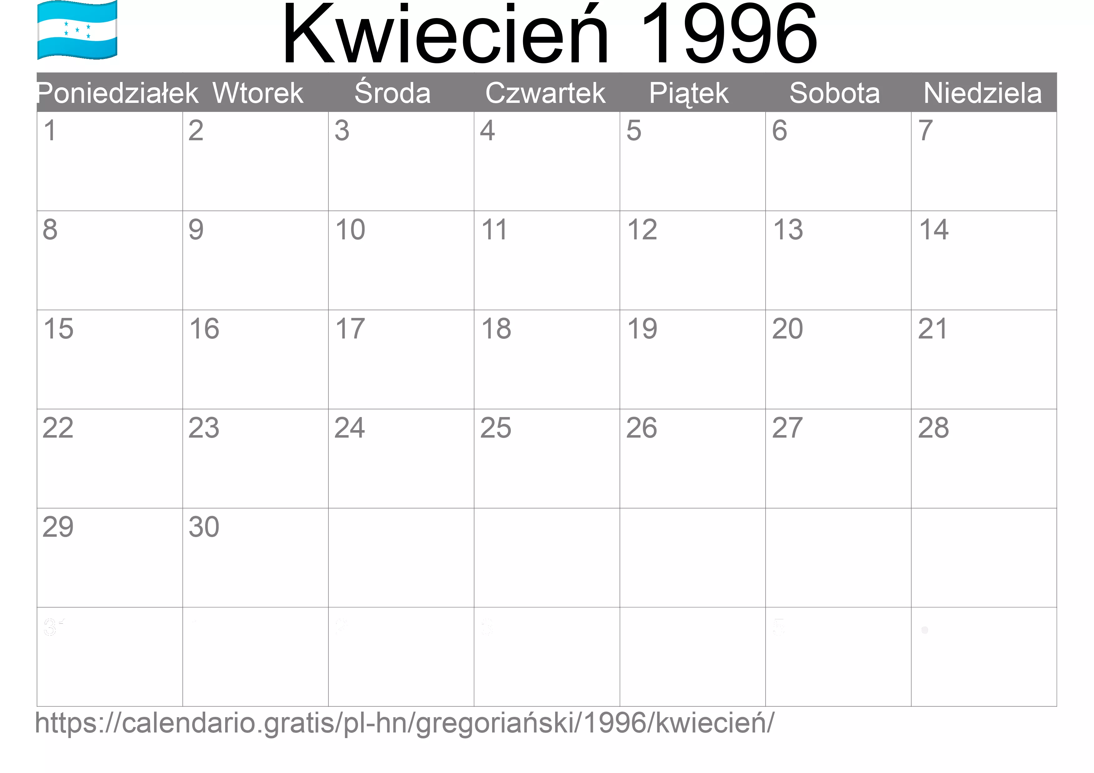 Kalendarz na Kwiecień 1996 do druku (Honduras)