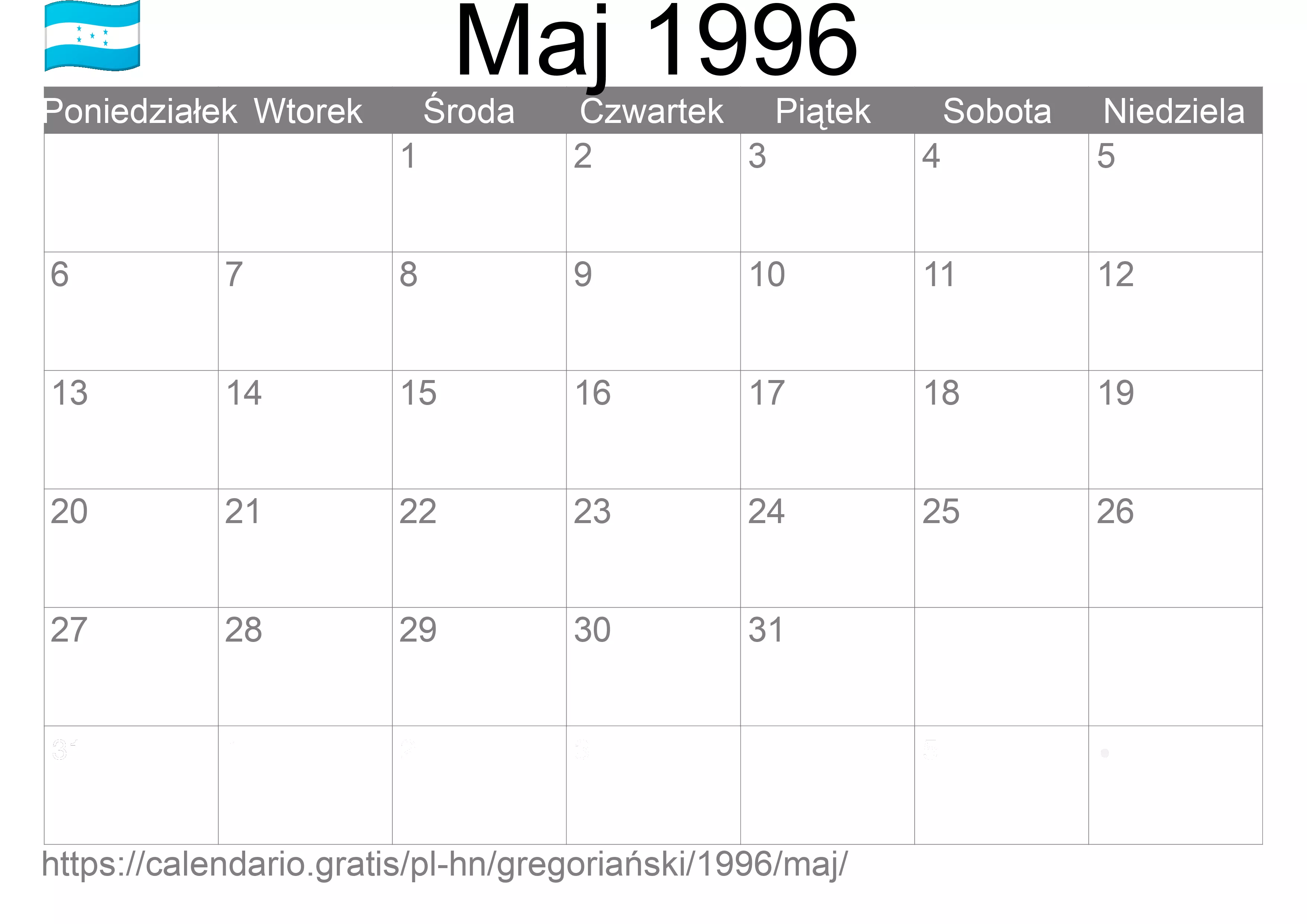 Kalendarz na Maj 1996 do druku (Honduras) Kalendarz na Maj 1996 do druku (Honduras)