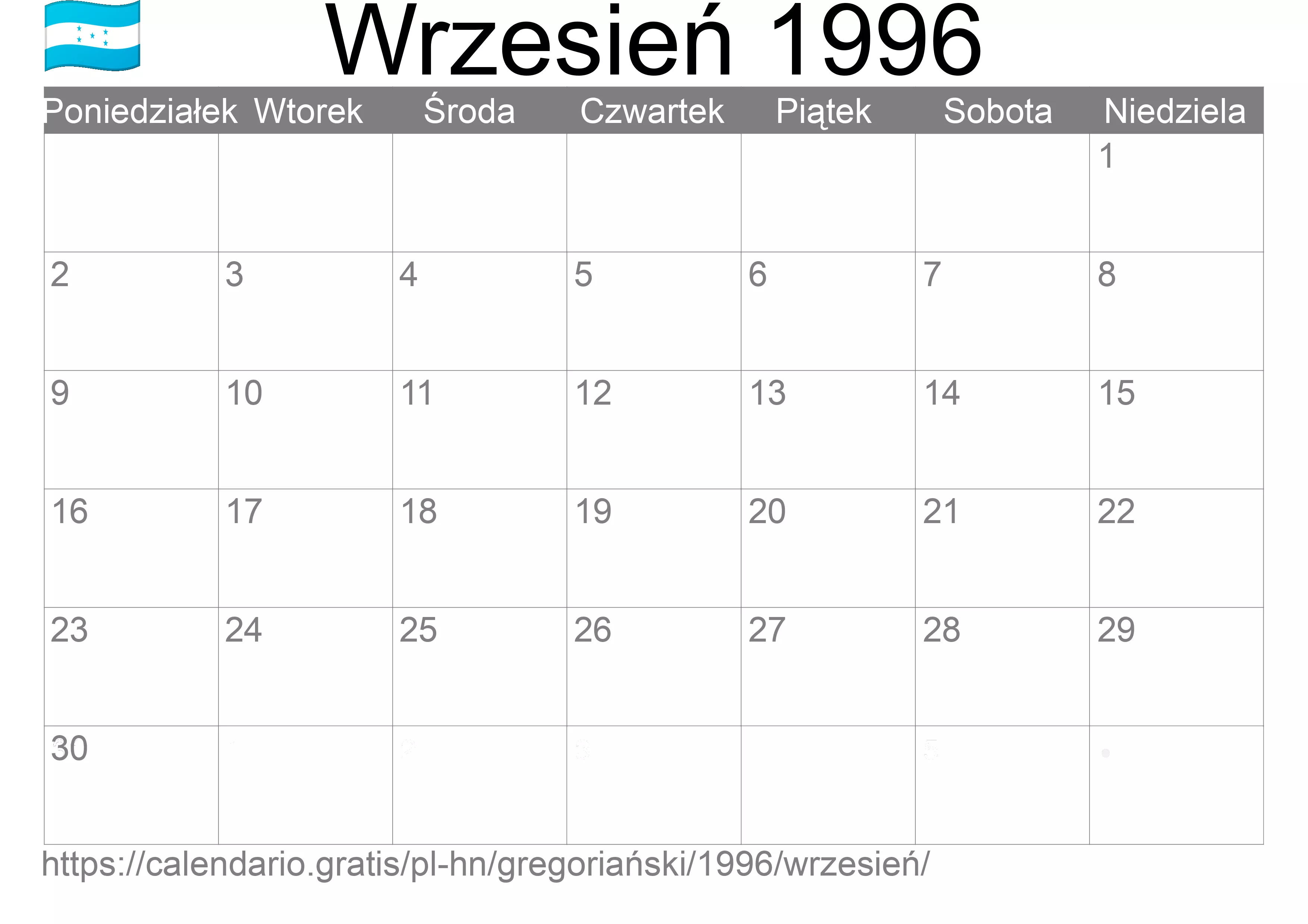 Kalendarz na Wrzesień 1996 do druku (Honduras)