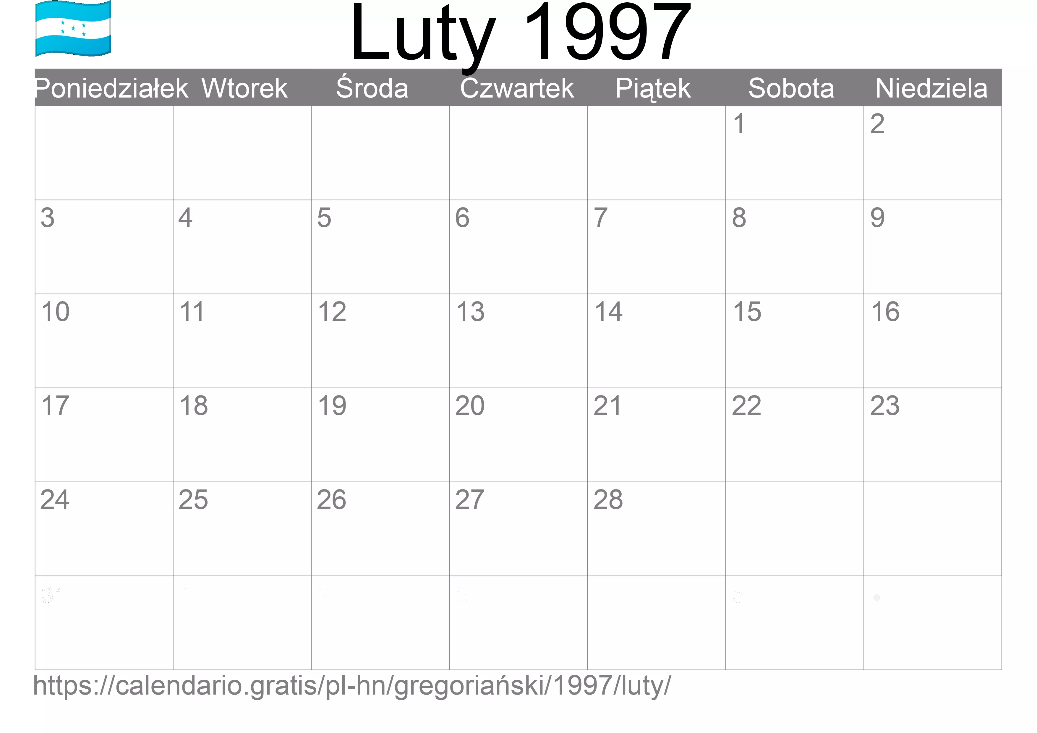 Kalendarz na Luty 1997 do druku (Honduras)