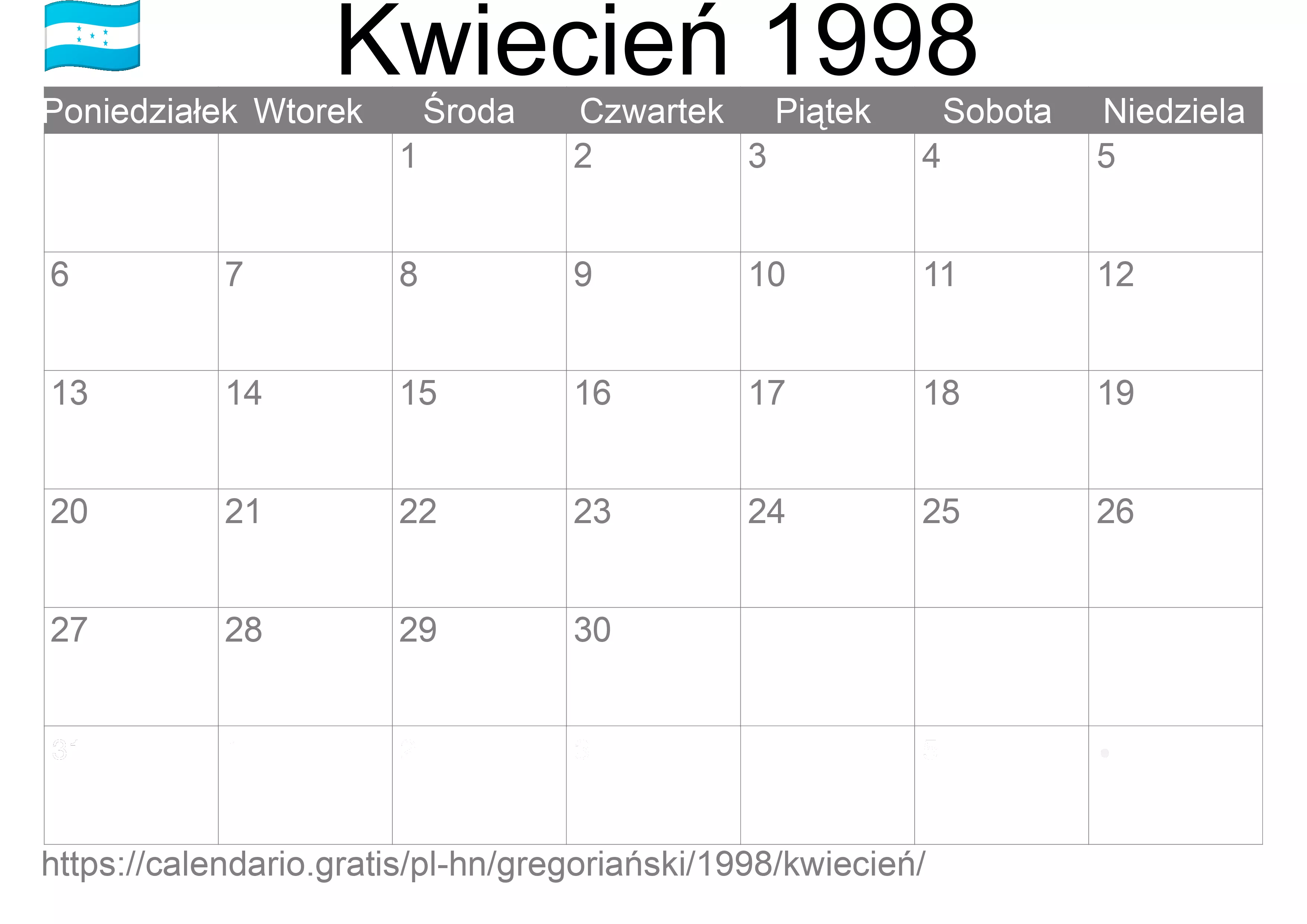 Kalendarz na Kwiecień 1998 do druku (Honduras)