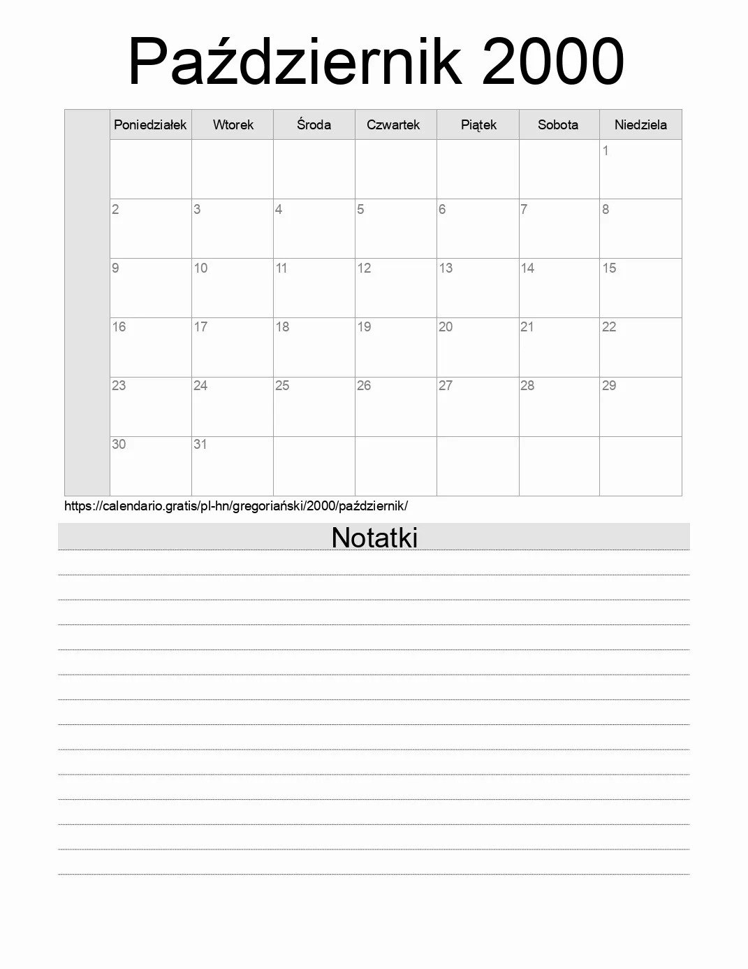 Kalendarz na Październik 2000 do druku z notatkami. (Honduras) Kalendarz na Październik 2000 do druku z notatkami. (Honduras)