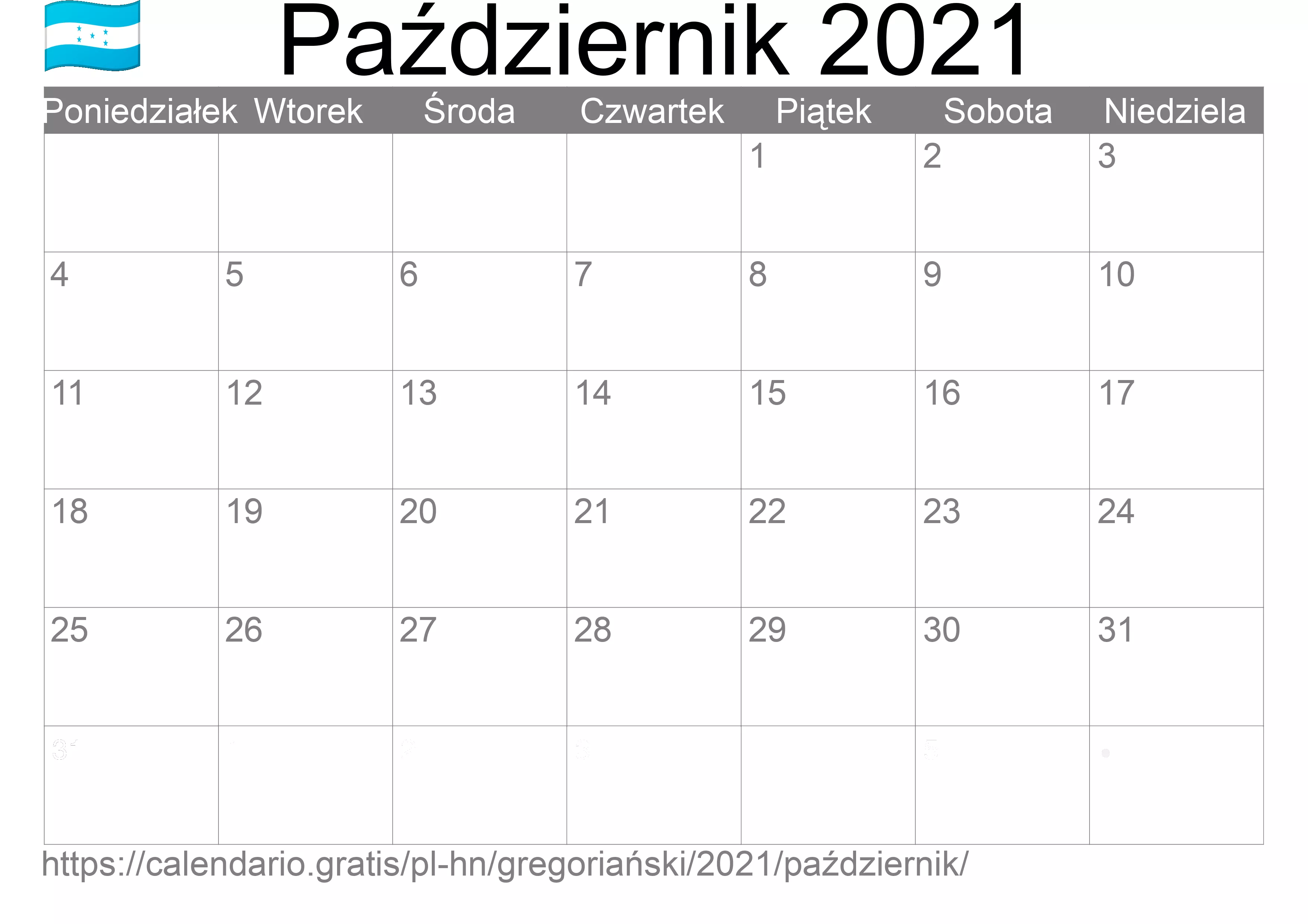 Kalendarz na Październik 2021 do druku (Honduras) Kalendarz na Październik 2021 do druku (Honduras)