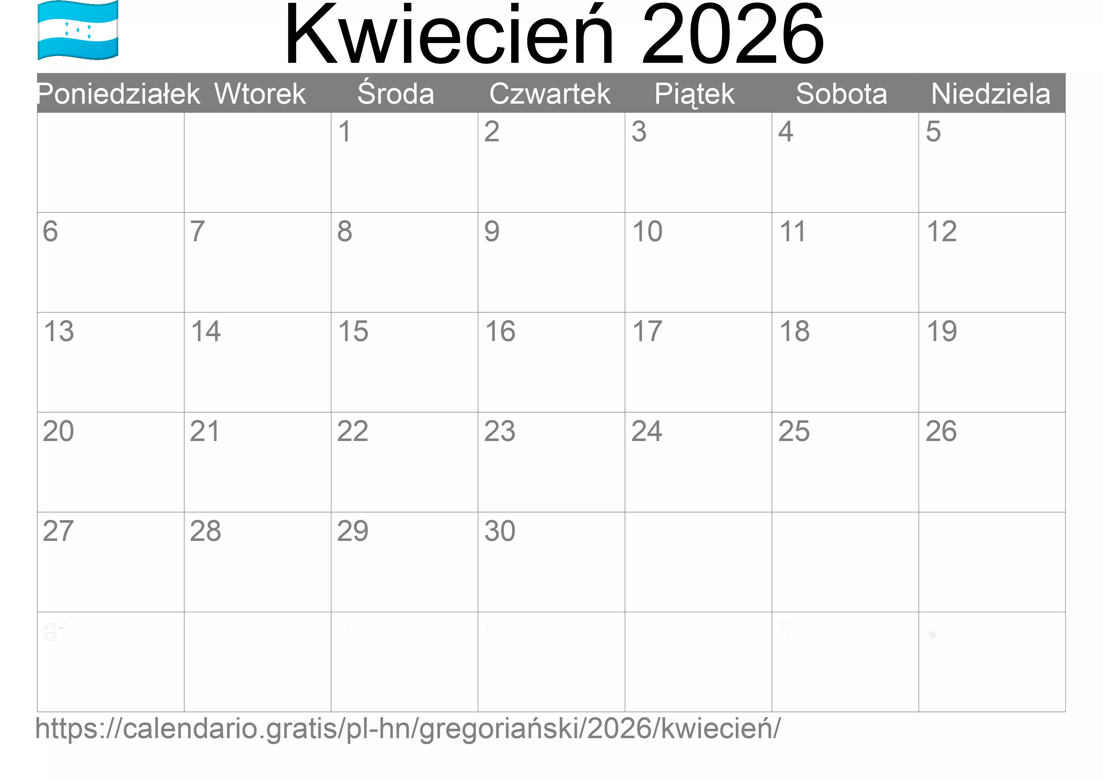 Kalendarz na Kwiecień 2026 do druku (Honduras)