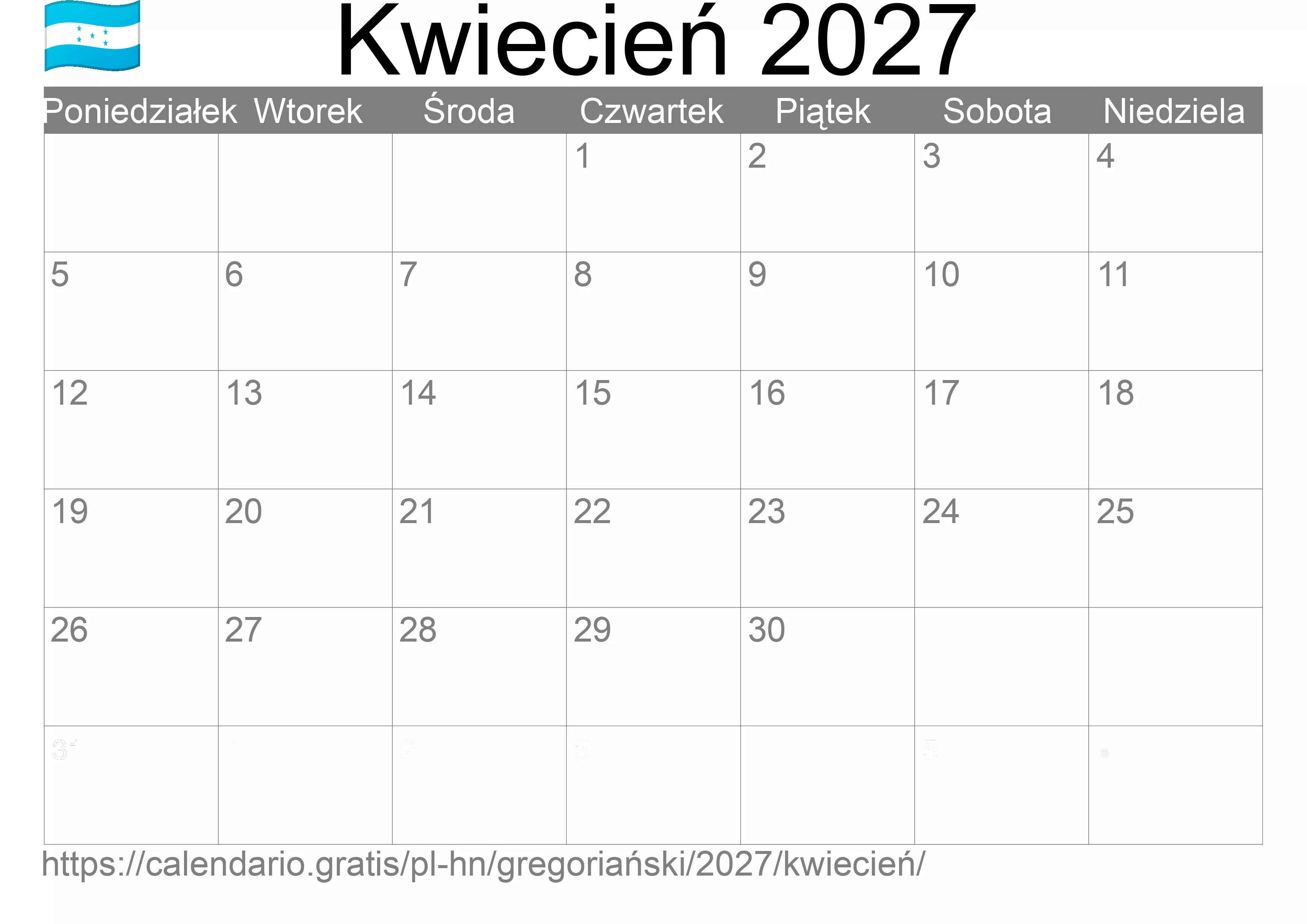 Kalendarz na Kwiecień 2027 do druku (Honduras)